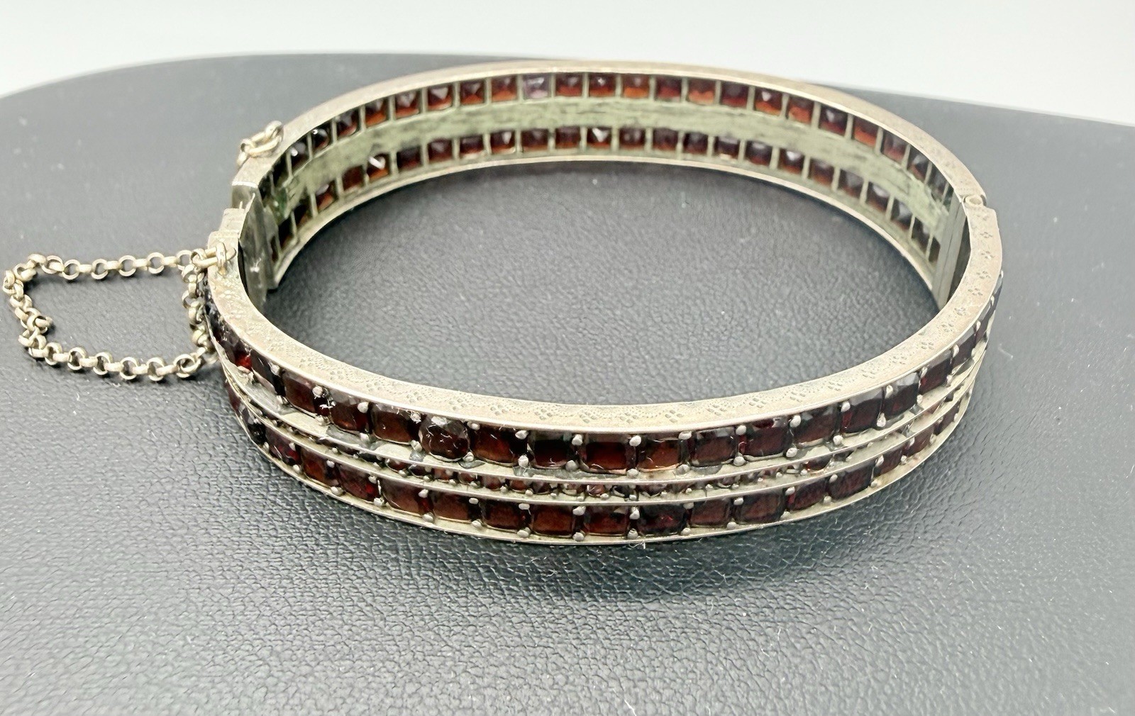 Antique Victorian Bohemian 3 Row Garnet Bangle Bracelet Silvertone