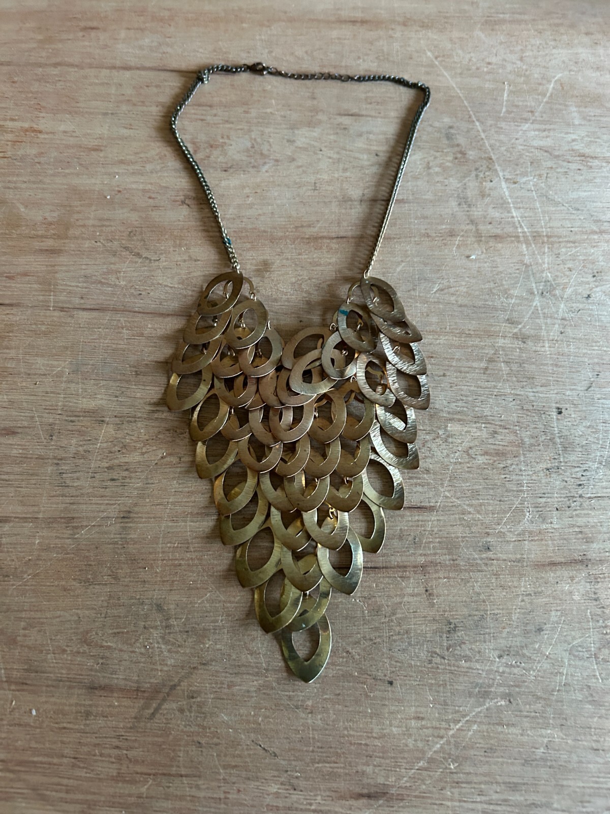 Bib Necklace Overlapping Dangling Layered Costume Teardrop Brass Tone Vintage