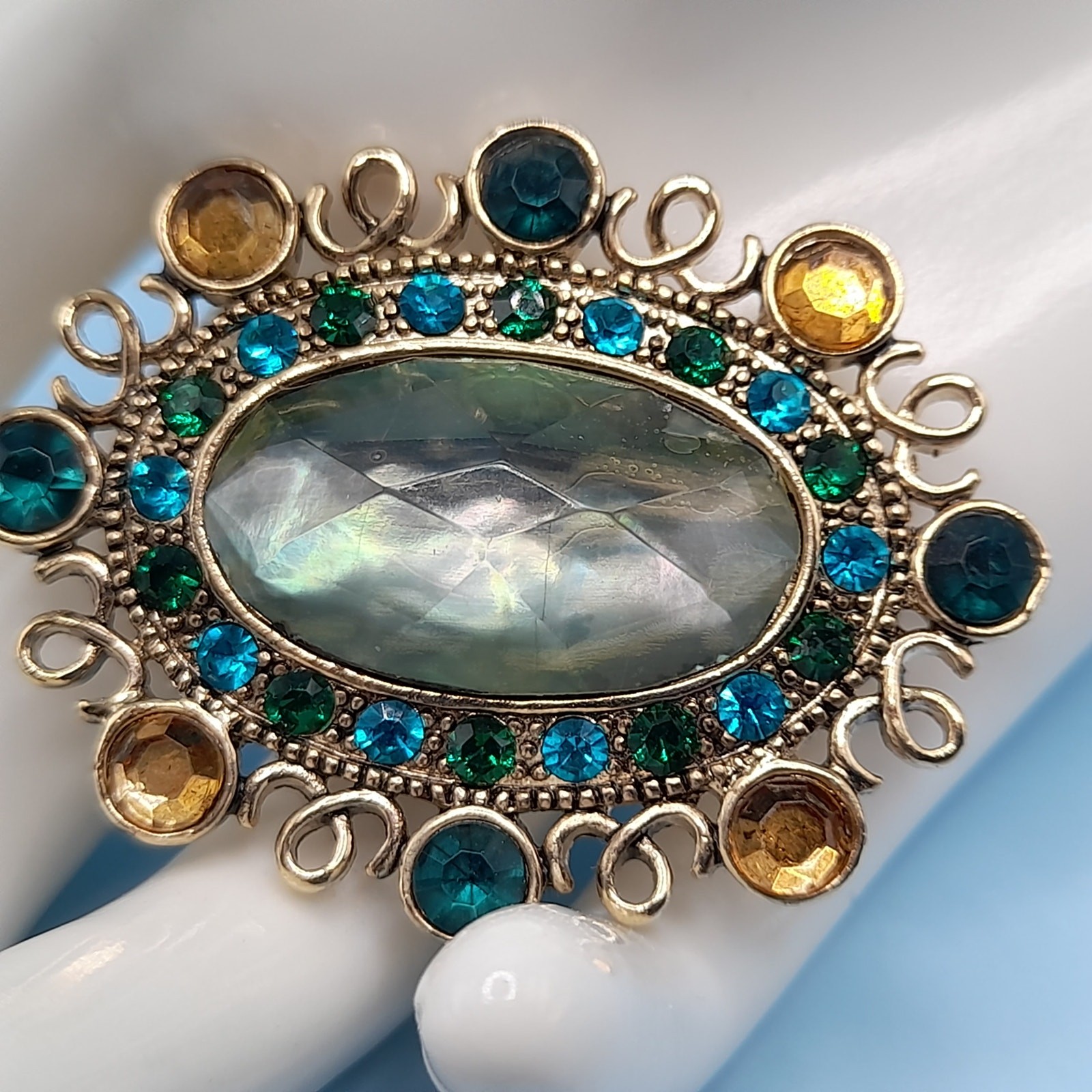 Vintage Monet Brooch, Light Green Teal Blue Accents, 1990s, 2 Inches
