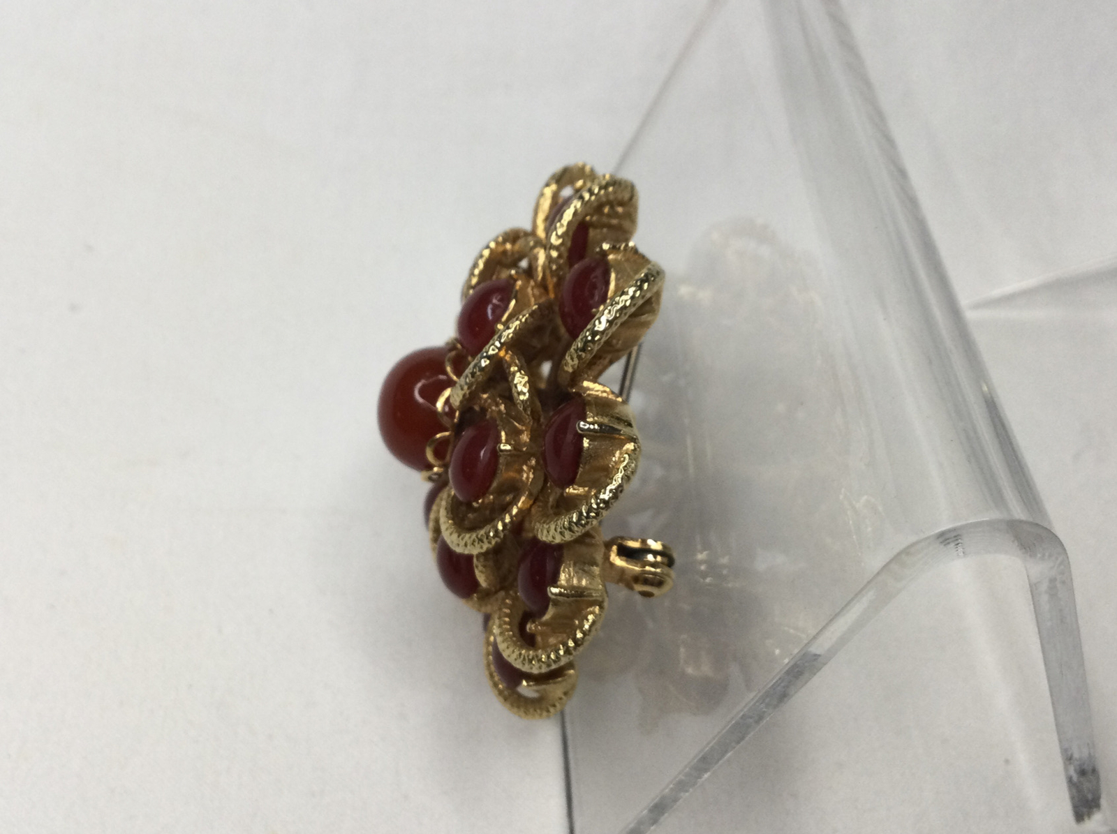 Vintage Sunburst Flower Swirl Brooch Pin Carnelian Goldtone 2” Multi Stone Retro