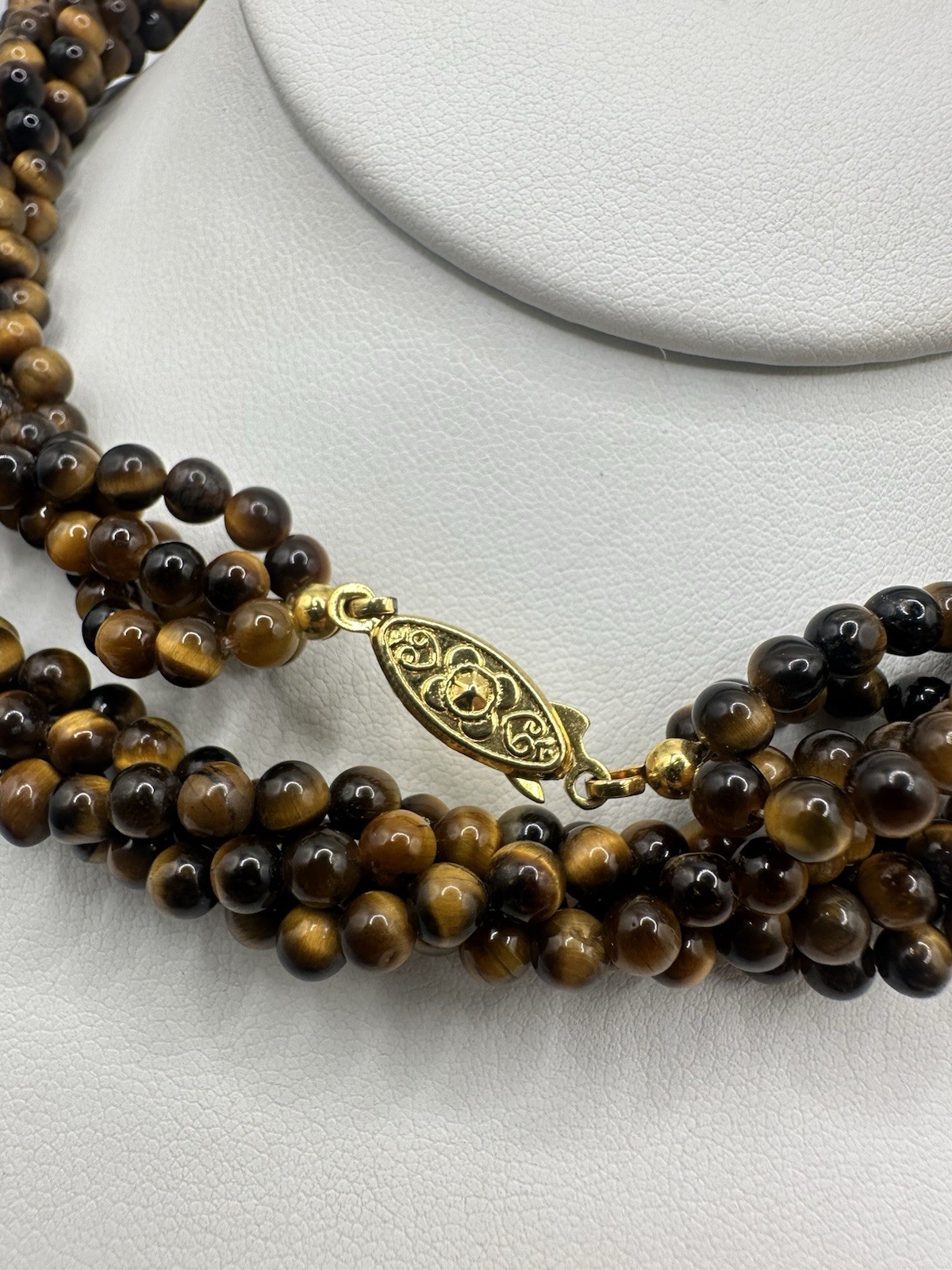 VTG 29In 4 Strand Tigers Eye Bead Necklace Caviar Gold Tone Fish Hook Clasp Read