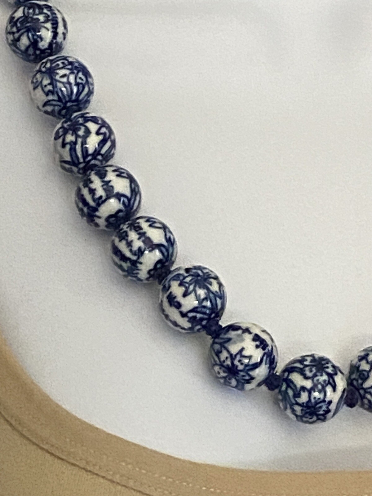 Vintage Chinese Export Blue White Large Porcelain Beaded Necklace Filigree Clasp