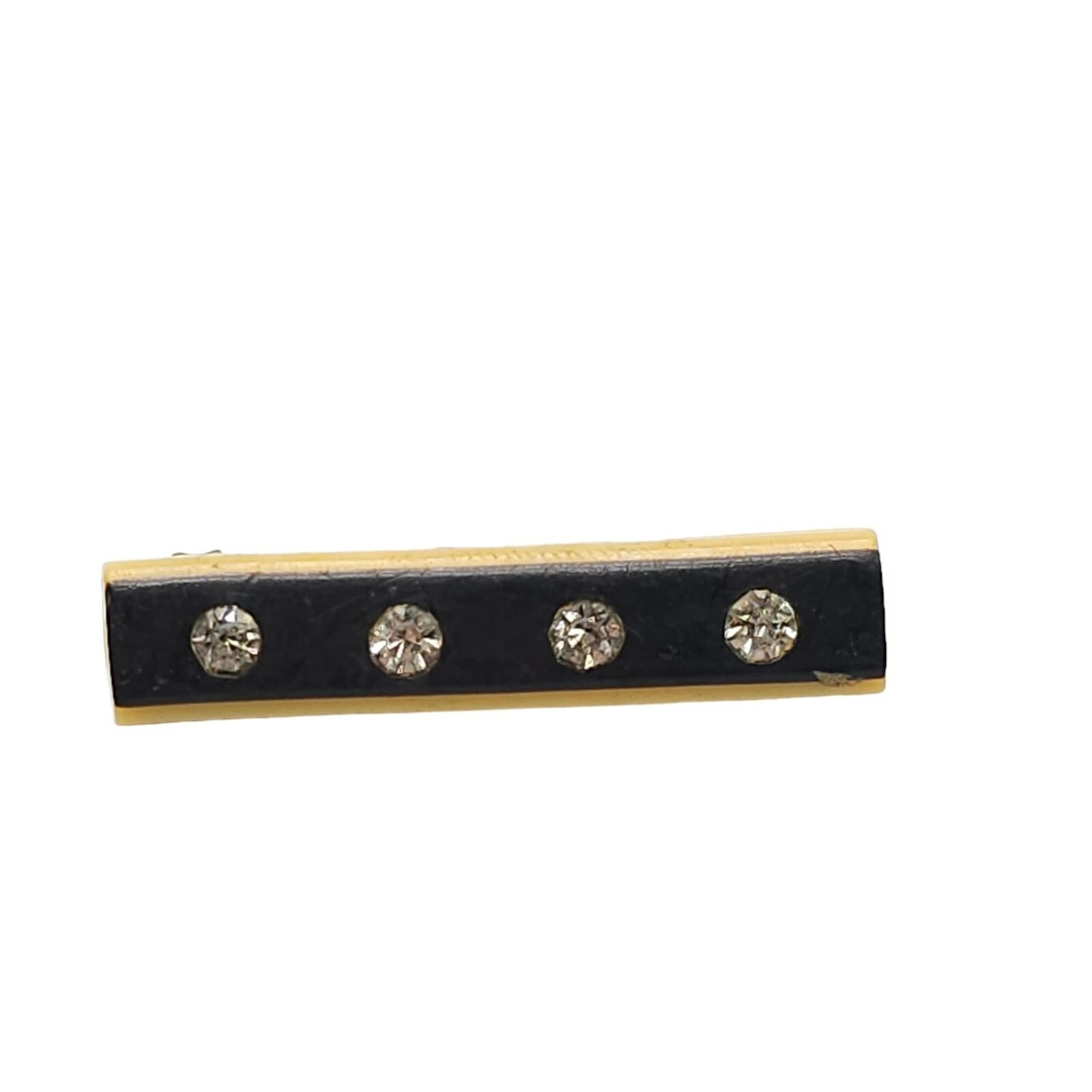 Clear Rhinestones Black Enamel Bar Brooch Pin Antique C Clasp