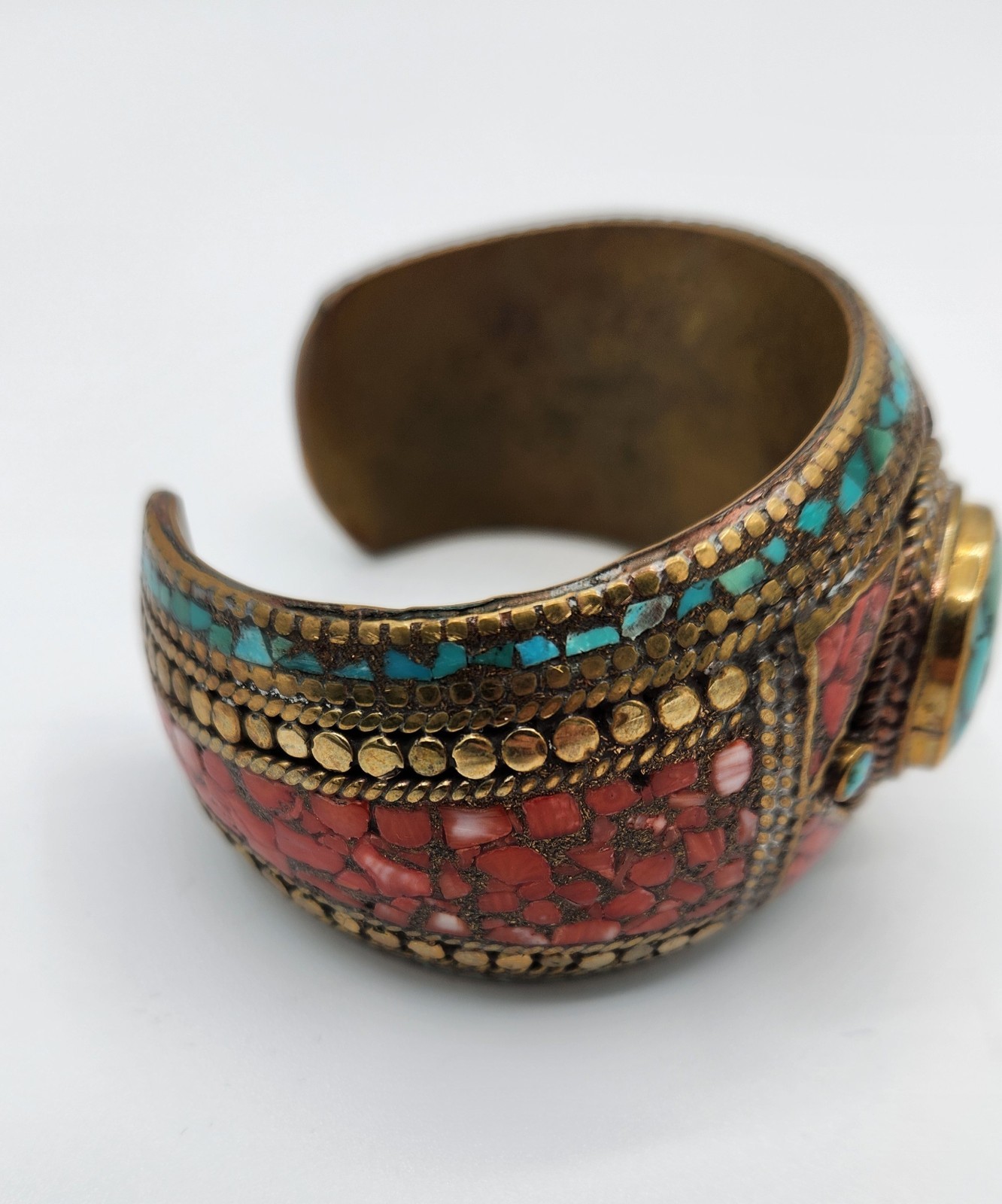 Vintage Brass Tibetan Style Inlaid Cuff Bracelet Multi Color Stones
