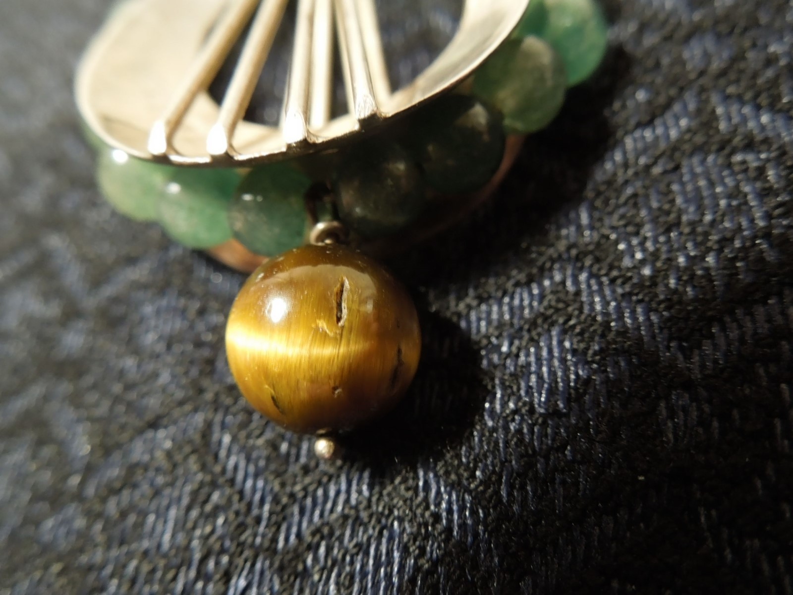 Vintage Rare Art Deco Sterling Silver Jade Tiger’s Eye Beaded Pendant