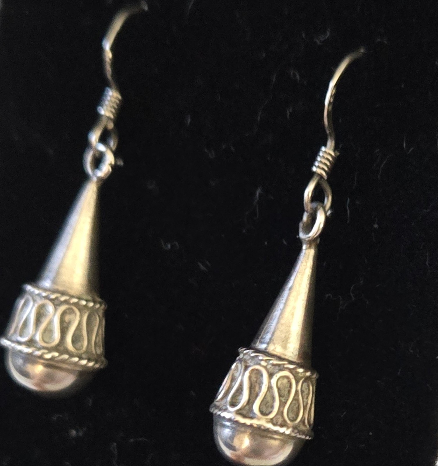 Vintage 925 Sterling Silver Etruscan Cone Drop Dangle Earrings Wirework
