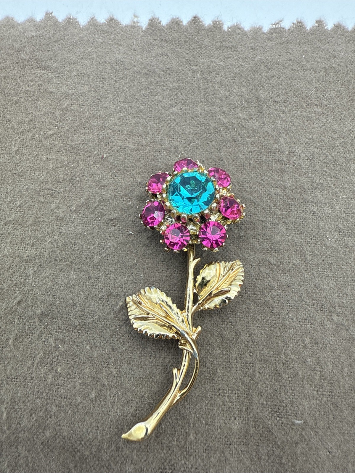 Vintage Figural Fucshia Pink and Teal Green Rhinestone Brooch Pin Gold Tone