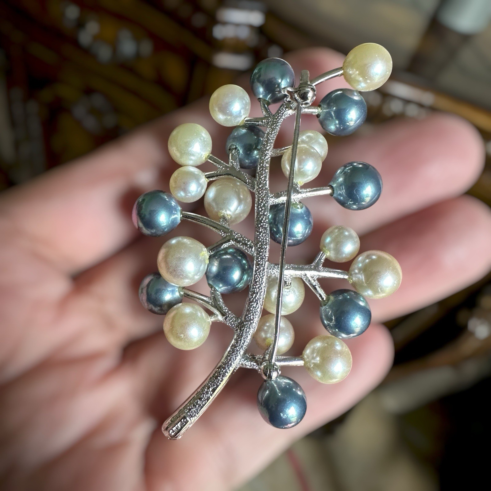Vintage Artisan Brooch 2.9 Inch Faux Pearls Rhodium Plate Fine Silver 23.6g