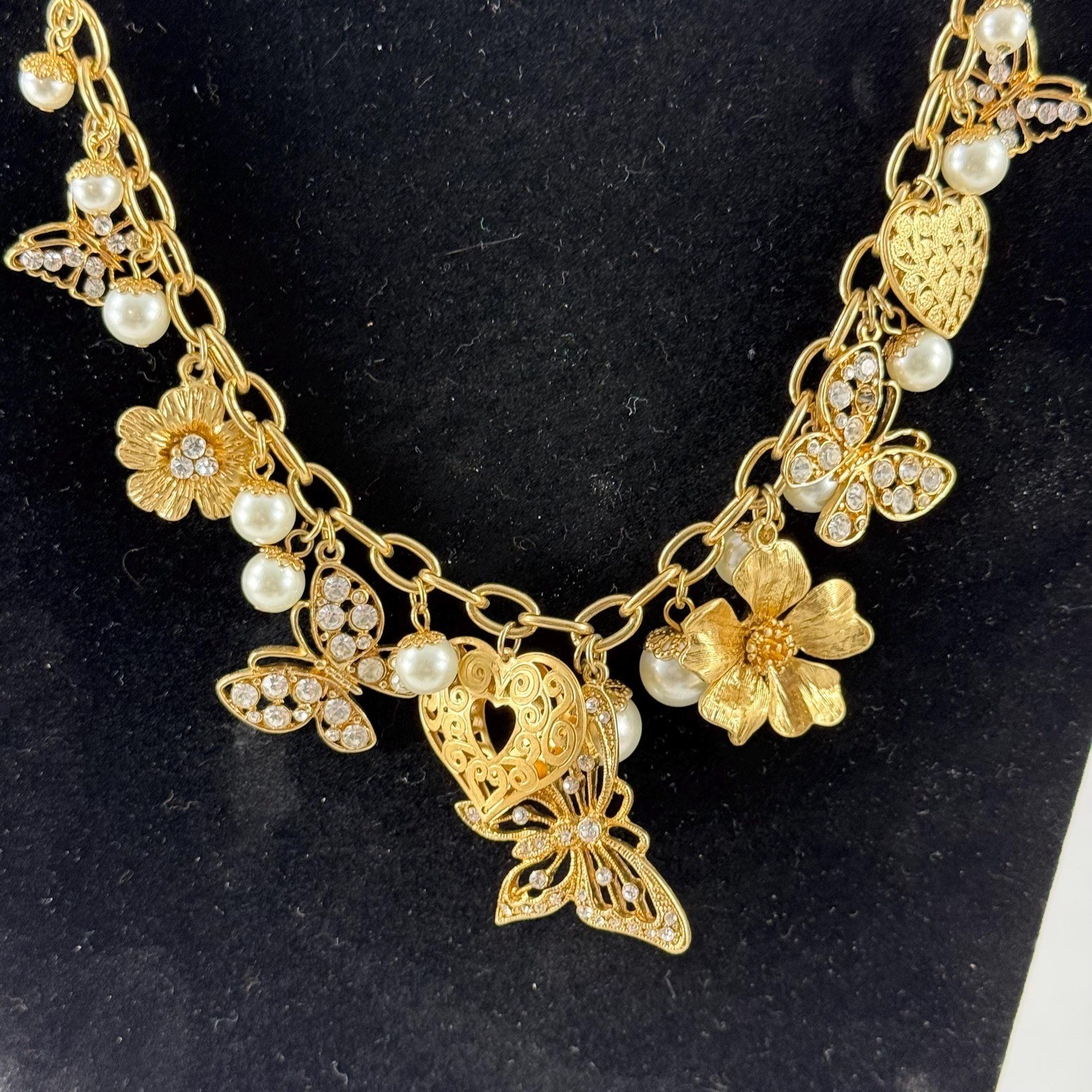 Vintage 1990's Era Charm Style Necklace Butterflies, Hearts and Flowers
