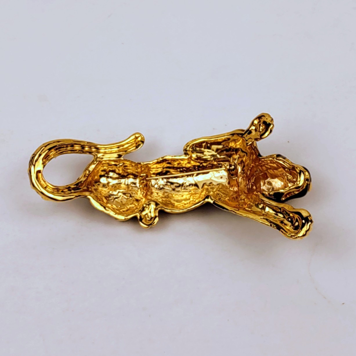 Tiger Brooch Black Enamel Gold Colored Metal Stripes Green Rhinestone Eyes 4.5″