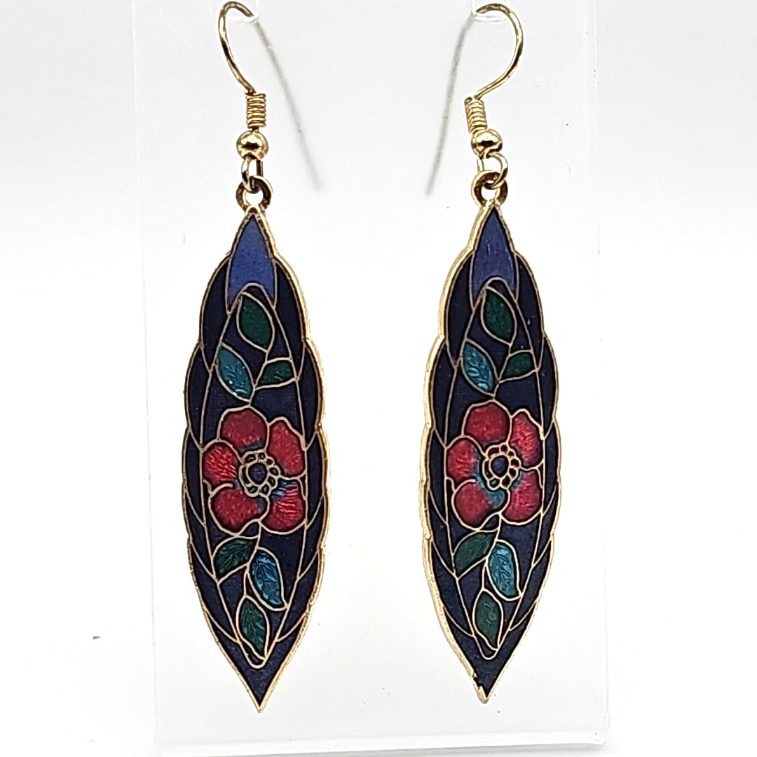 Vintage Enamel Poppy Flower Earrings Cloisonné Style Long Dangle Pierced