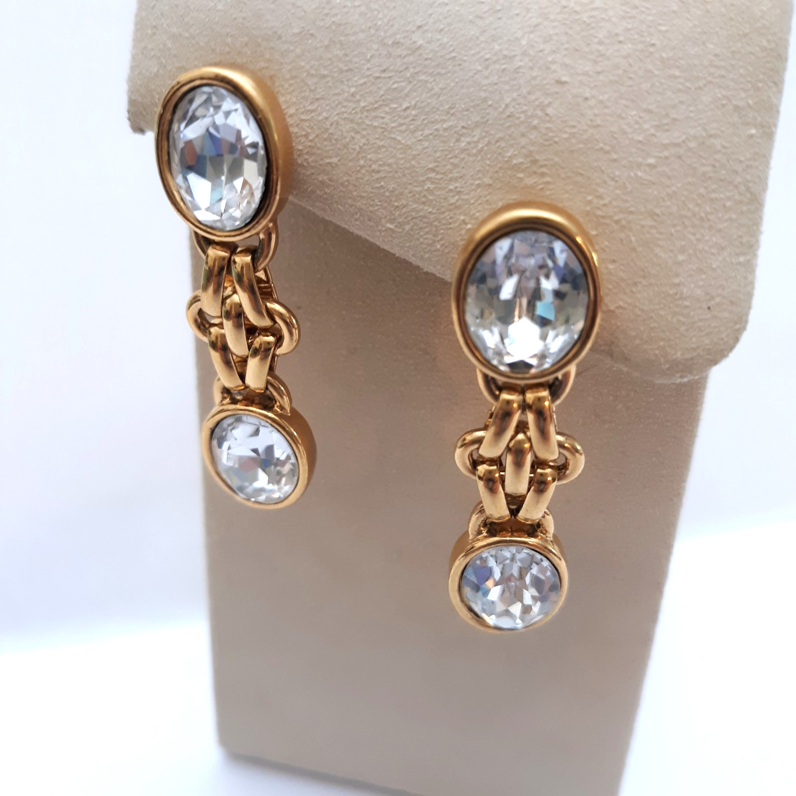 Vintage Chain Dangle Earrings Double Faceted Rhinestones Gold Tone Pierced