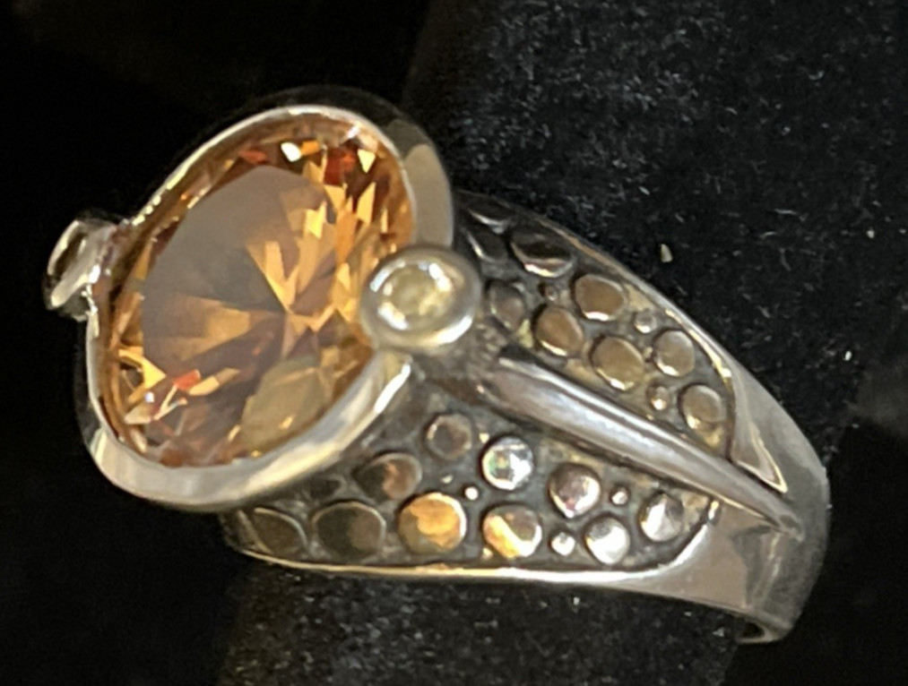 Vintage Sterling Silver Citrine Pebbled Statement Ring Size 7 Chunky 10.2g