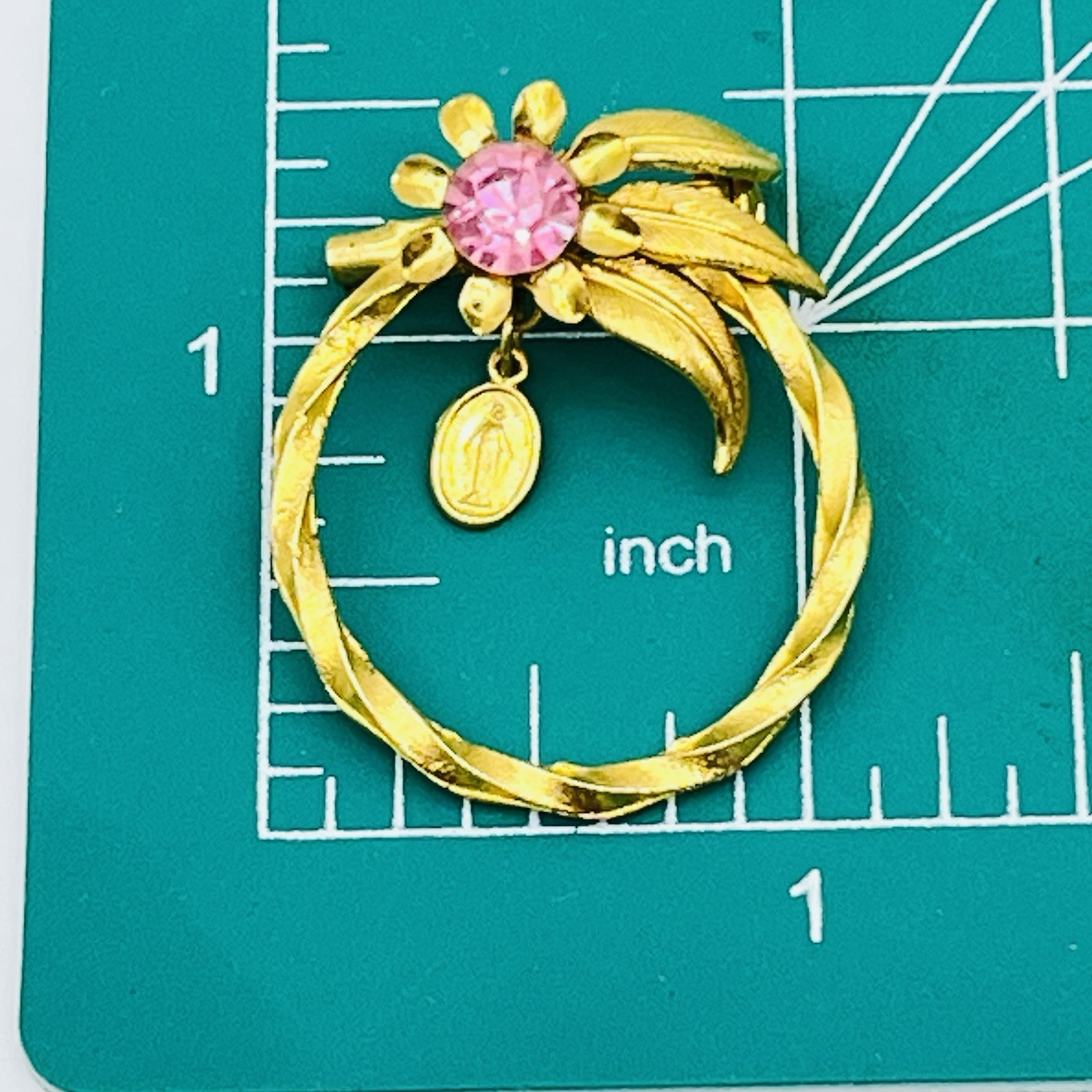 Vintage Miraculous Medal Flower Brooch Pink Rhinestone Gold Tone