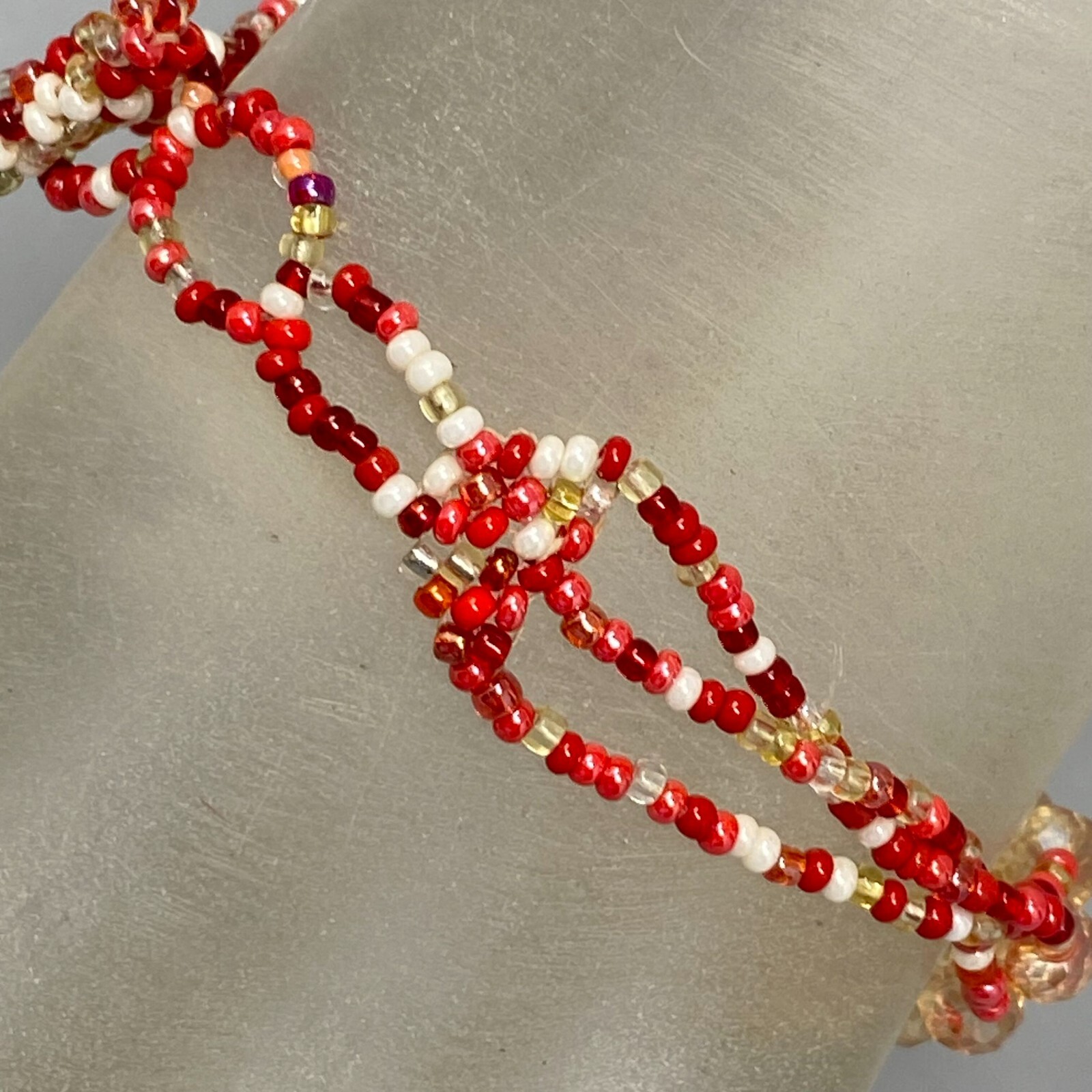 Artisan Seed Bead Bracelet Multi Strand Red Cream Faceted Button Hook Clasp 7.25