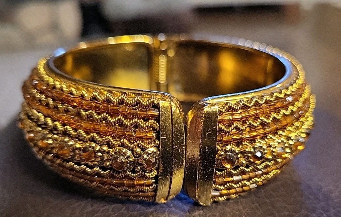 1990’s Vtge Jeweled and Beaded Cuff Bracelet with Spring Hinge In Good Condition