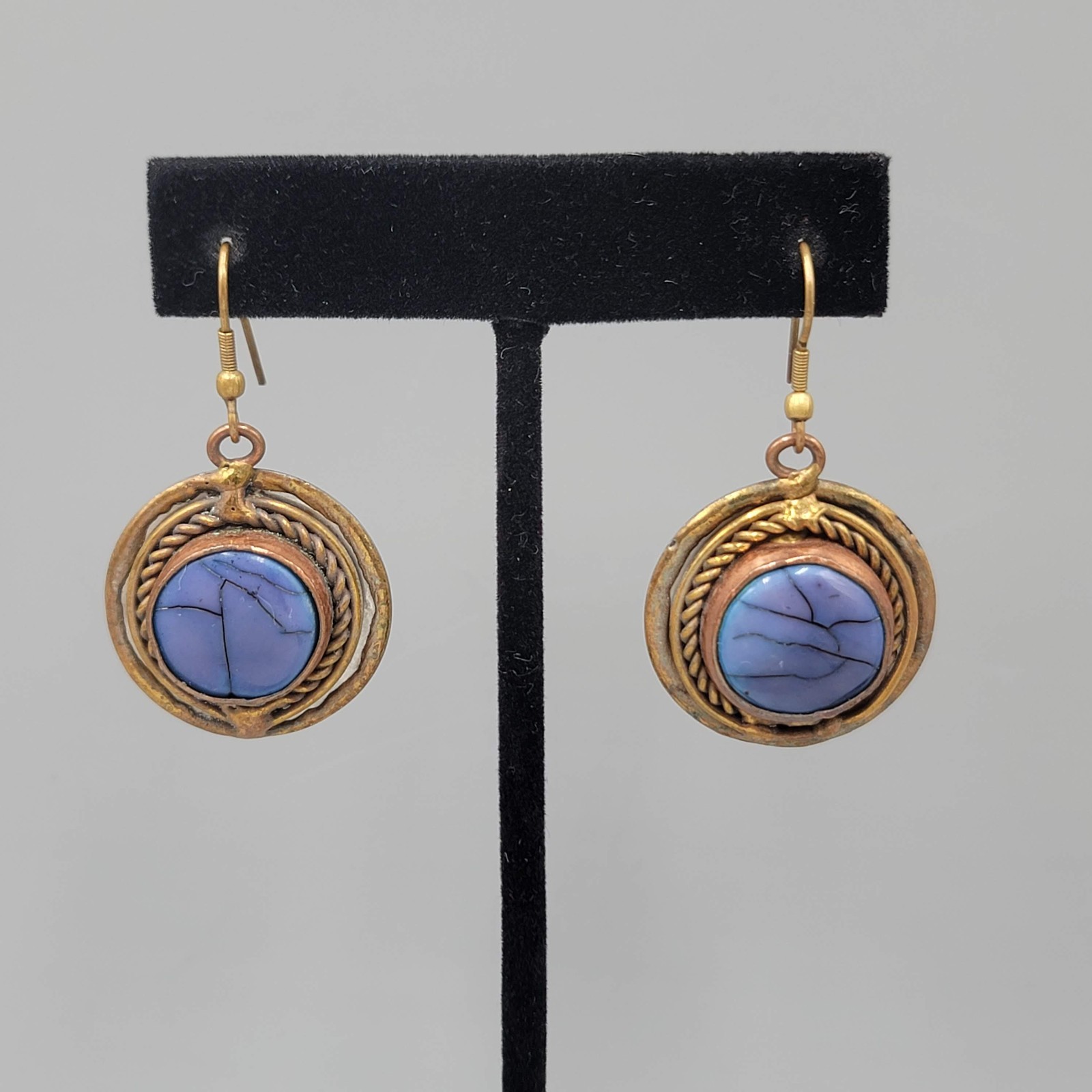 Vintage Blue Stone Pierced Earrings Brass Copper Dangle 1.25″