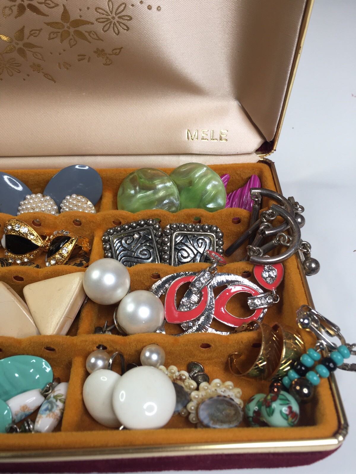 Vtg. Lot of 34 Retro Enamel Metal Pierced Earrings 60’S 70’s 80’s In Mele Box