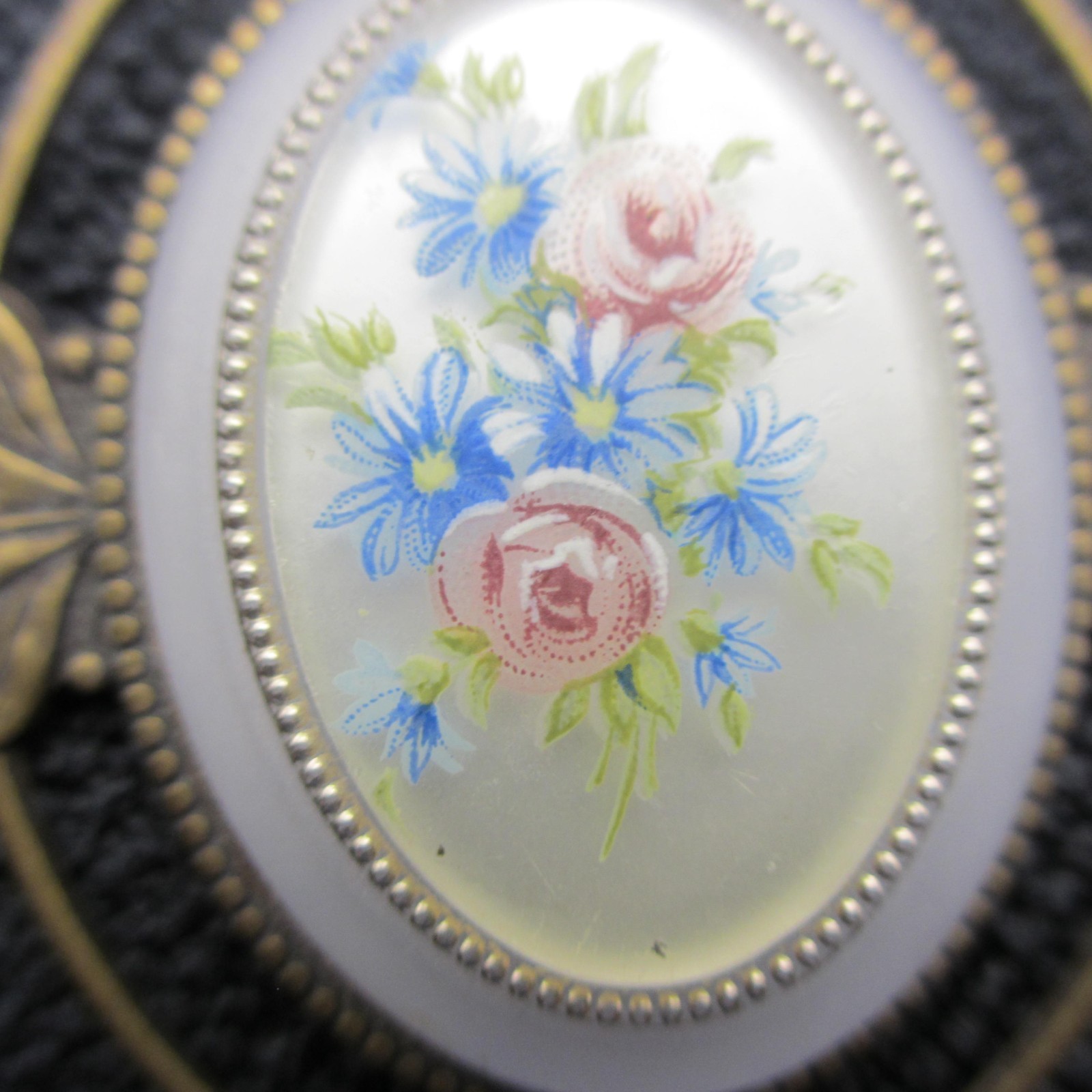 Vintage Victorian Revival Brooch Floral Bouquet Pastel Leaf Frame Gold Tone