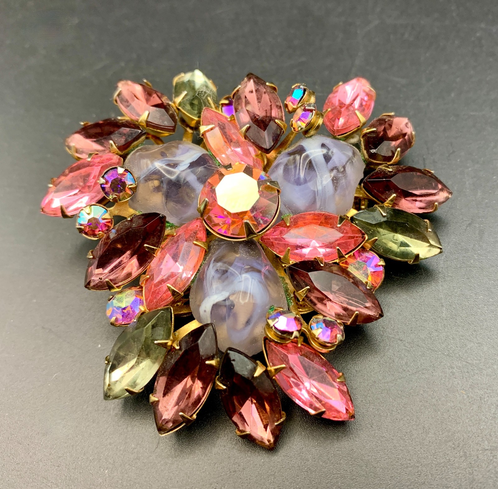 Vintage Beau Jewels Brooch Pink Purple AB Rhinestone Gripoix Glass Unsigned