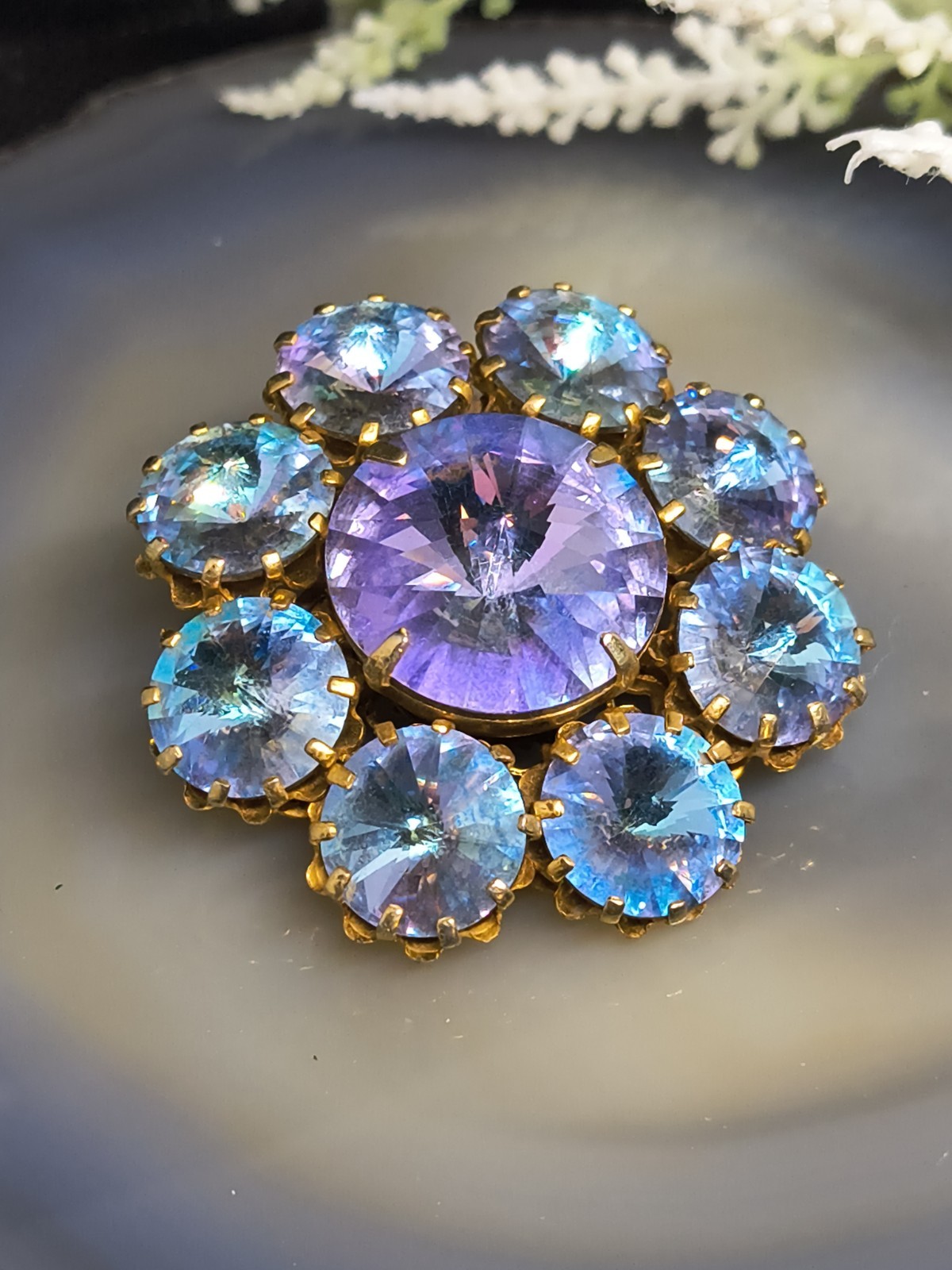 Stunning Vintage Austria Style Blue And Purple Rhinestone Brooch