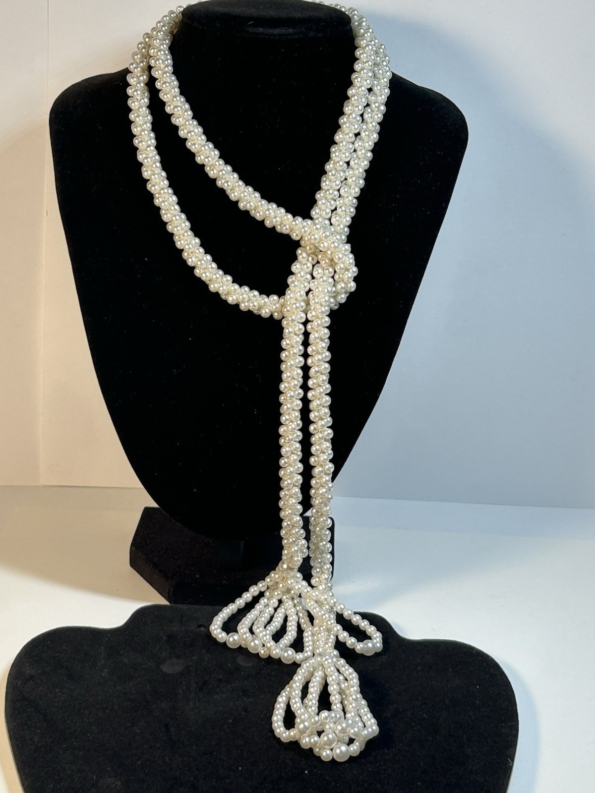 Vintage Faux Pearl Lariat Necklace Multi Strand Woven Tassel Wrap Cream 48 Inch
