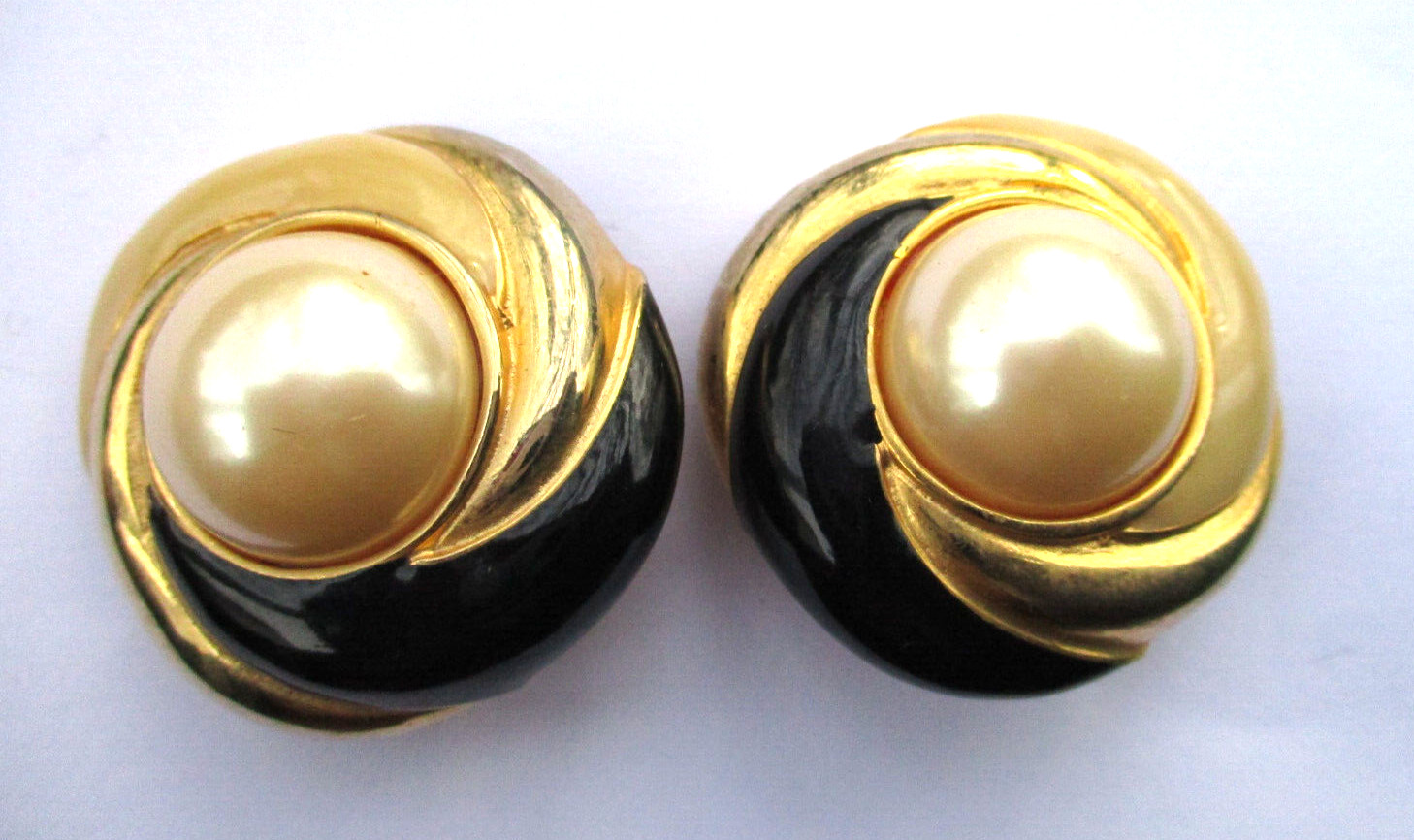 Gay Boyer Clip On Earrings Cabochon Faux Pearl Metallic and Enamel Swirl Vintage