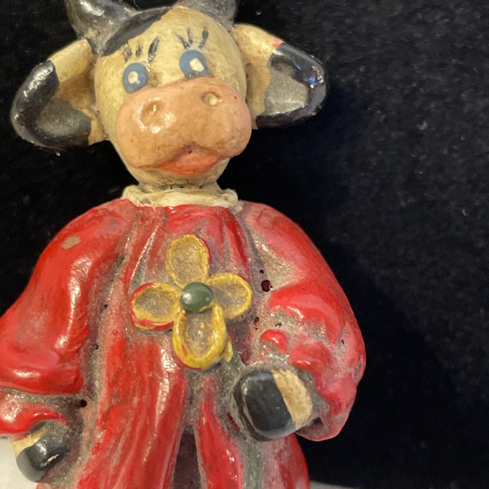 Decorative Pin Painted Ceramic Cow In Red Robe Holding Yellow Flower 2.25 in