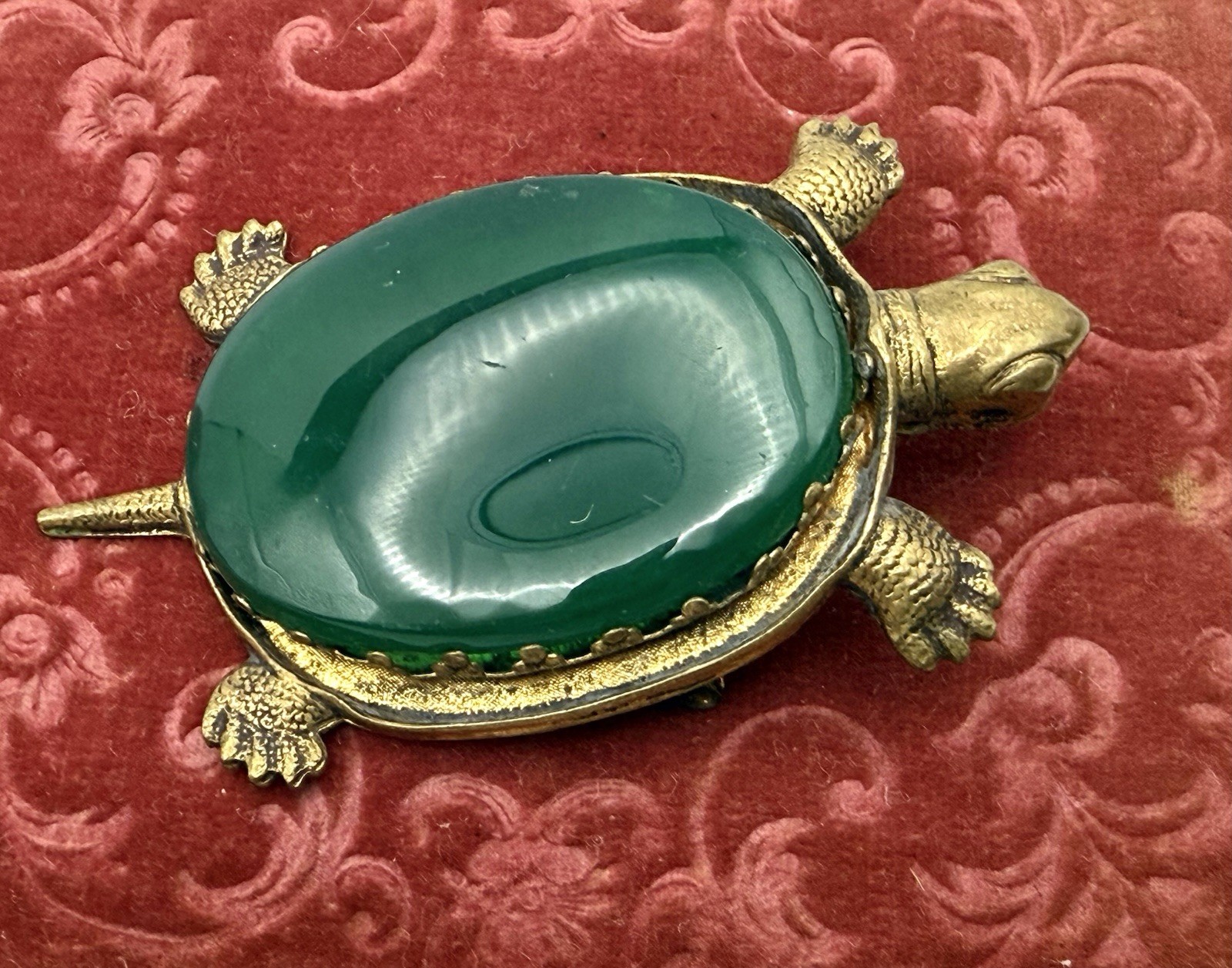 Antique Brass Turtle Brooch Pendant 1900s Green Glass Stone Trombone Clasp J80