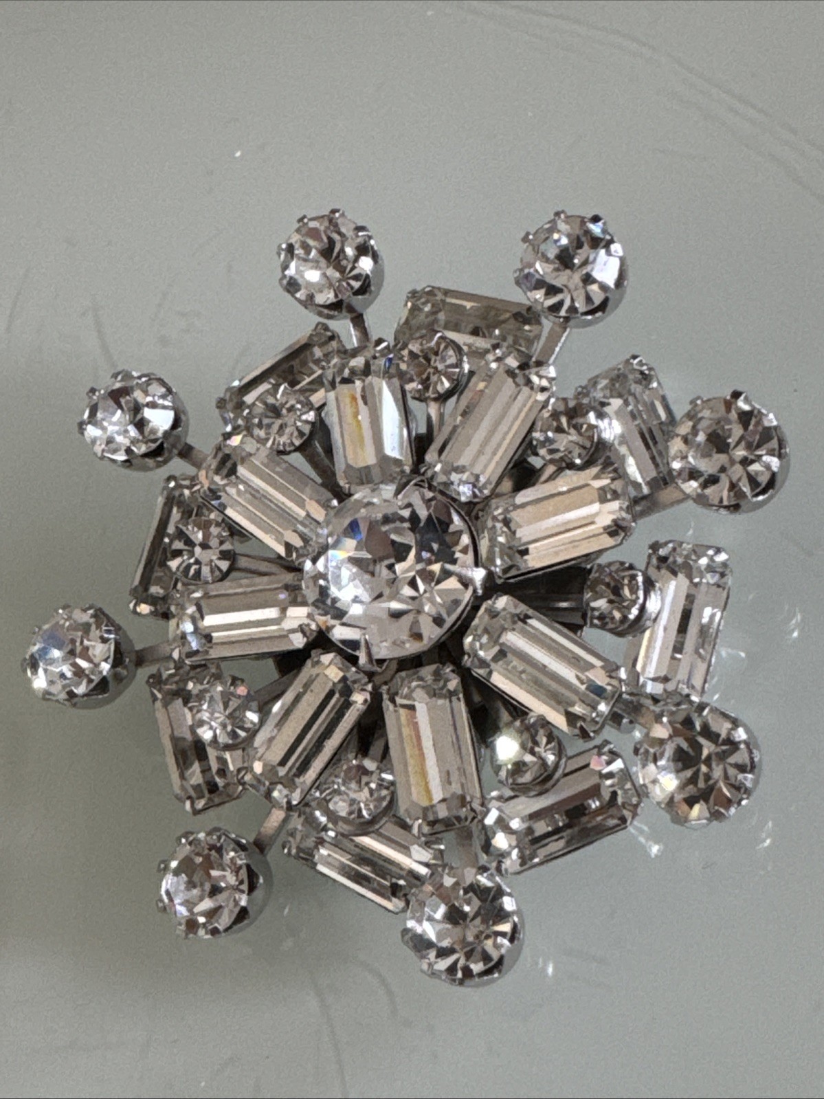 Vintage Weiss Starburst Brooch Silver Tone With White Crystals