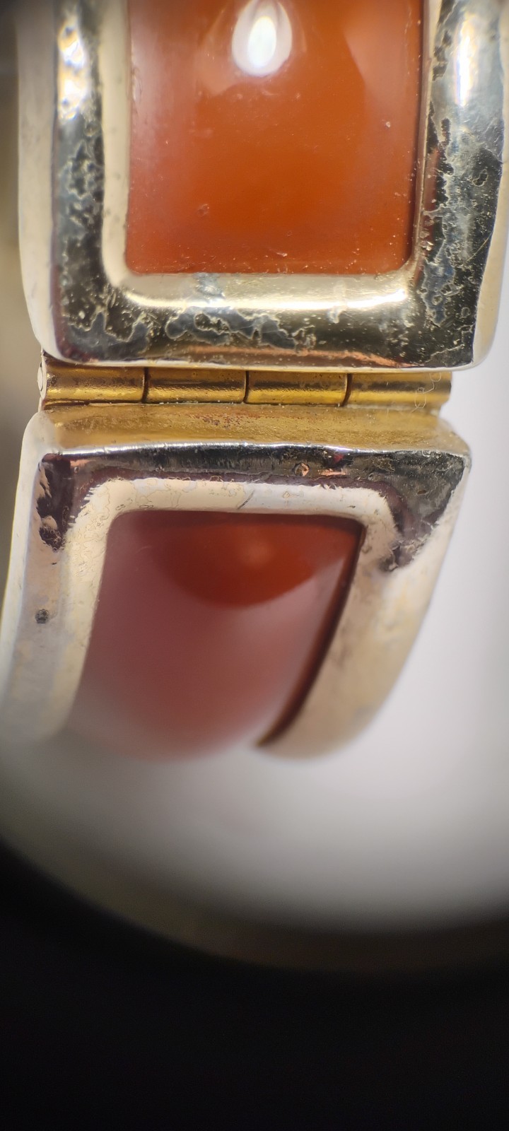 bergere goldtone hinge cuff bracelet inlaid w/soft redish brown material-nd6