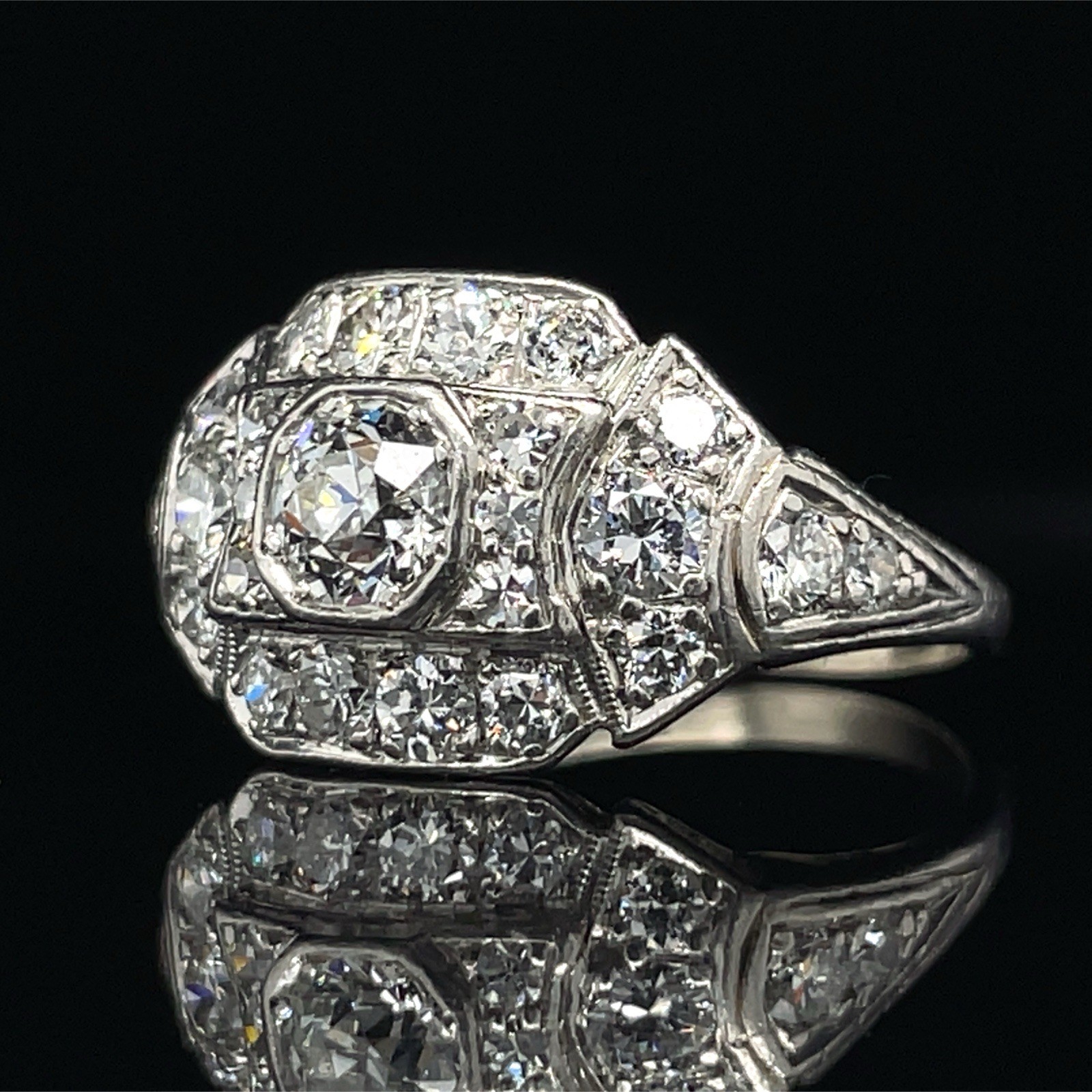 Art Deco Old European Cut Diamond Ring Set In Platinum