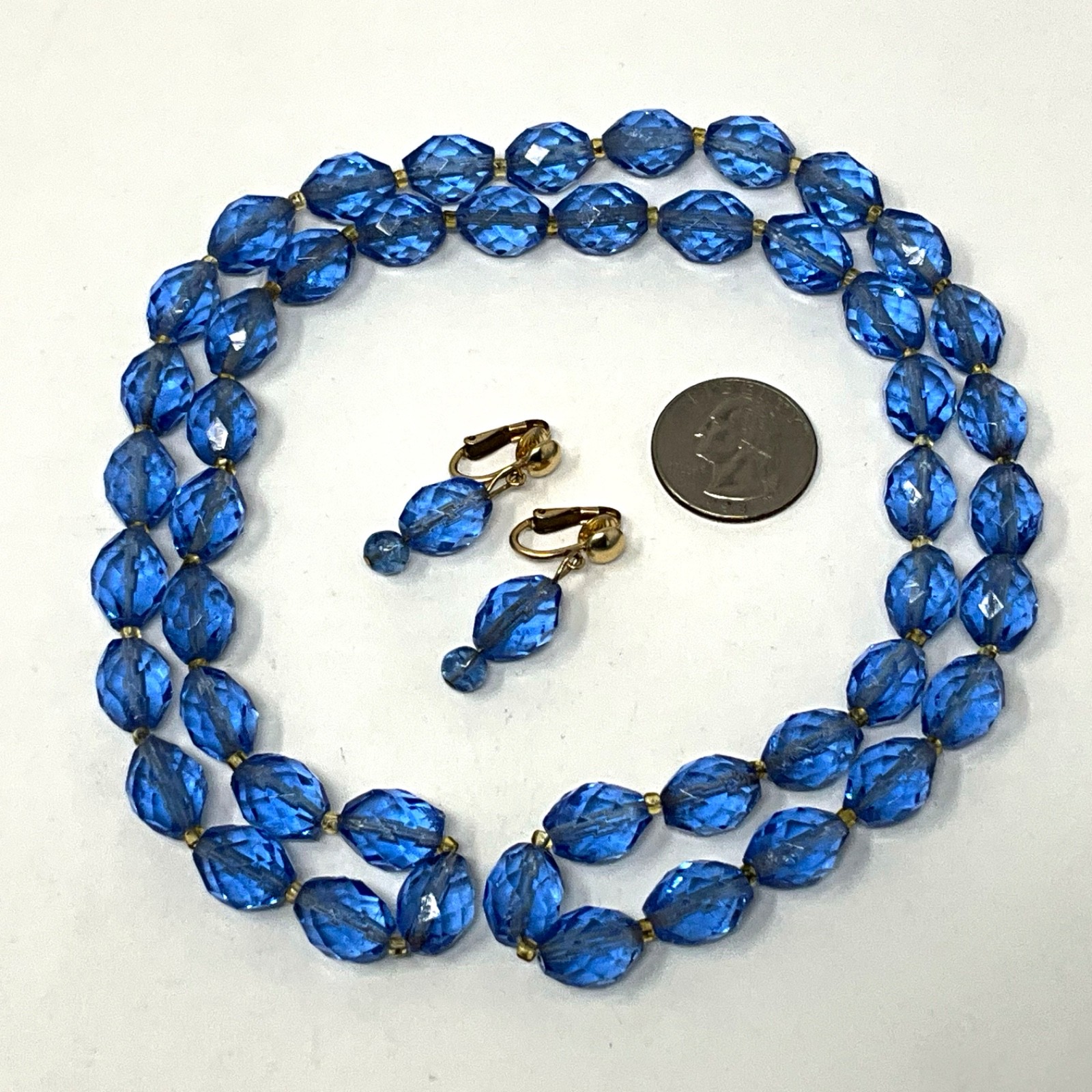Vintage 20″ Faceted Blue Glass Bead Necklace and Dangle Clip Earrings Set