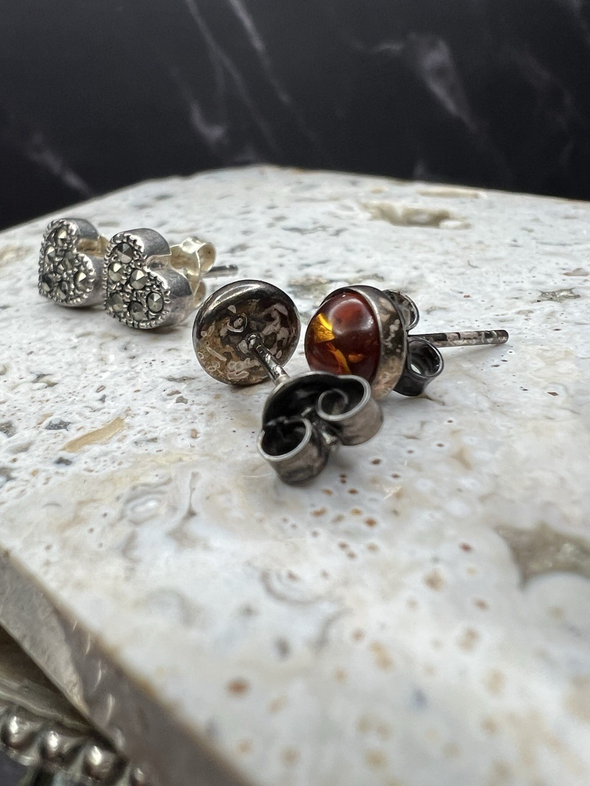 VTG 925 Sterling Silver Marcasite Heart Round Amber Stud Earrings Set