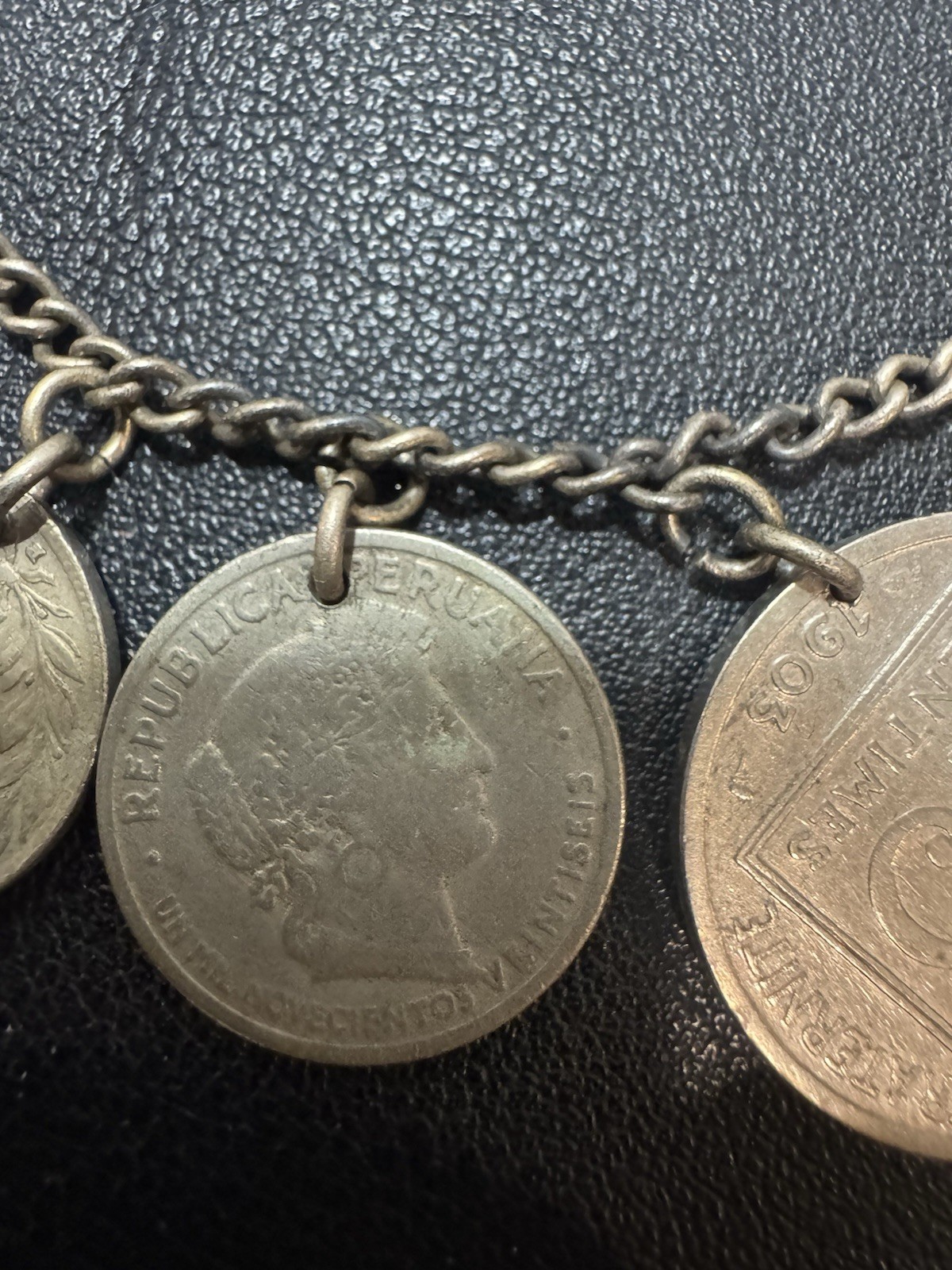 vintage coin charm bracelet Sterling Chain 6.5”