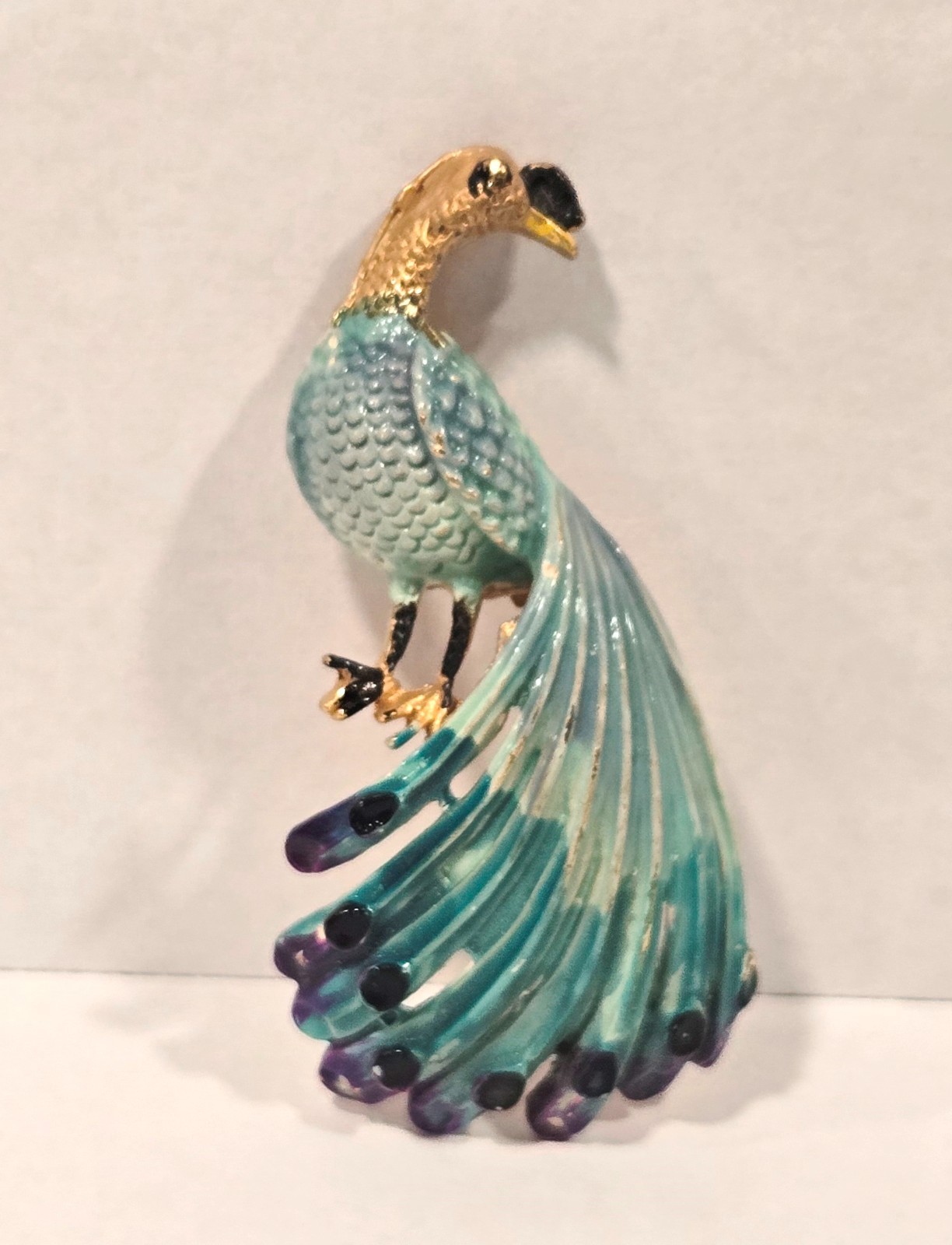 Vintage Enamel Peacock Brooch Gold Tone Blue Green Purple Figural Bird