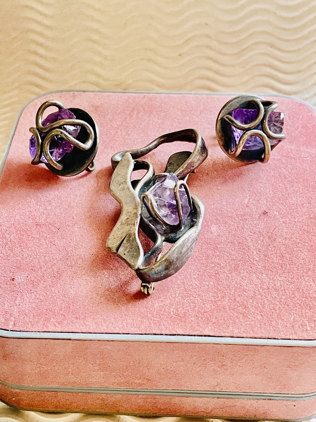 Vintage Taxco 980 early pre🦅 sterling silver Amethyst pin brooch & Earrings Set