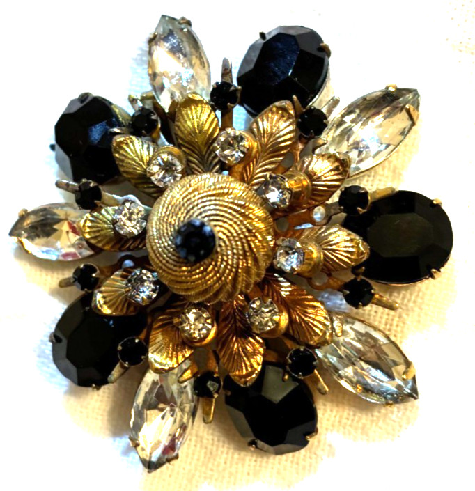 Antique Black Clear Rhinestone Facet Pin Brooch Dimensional Starburst Statement