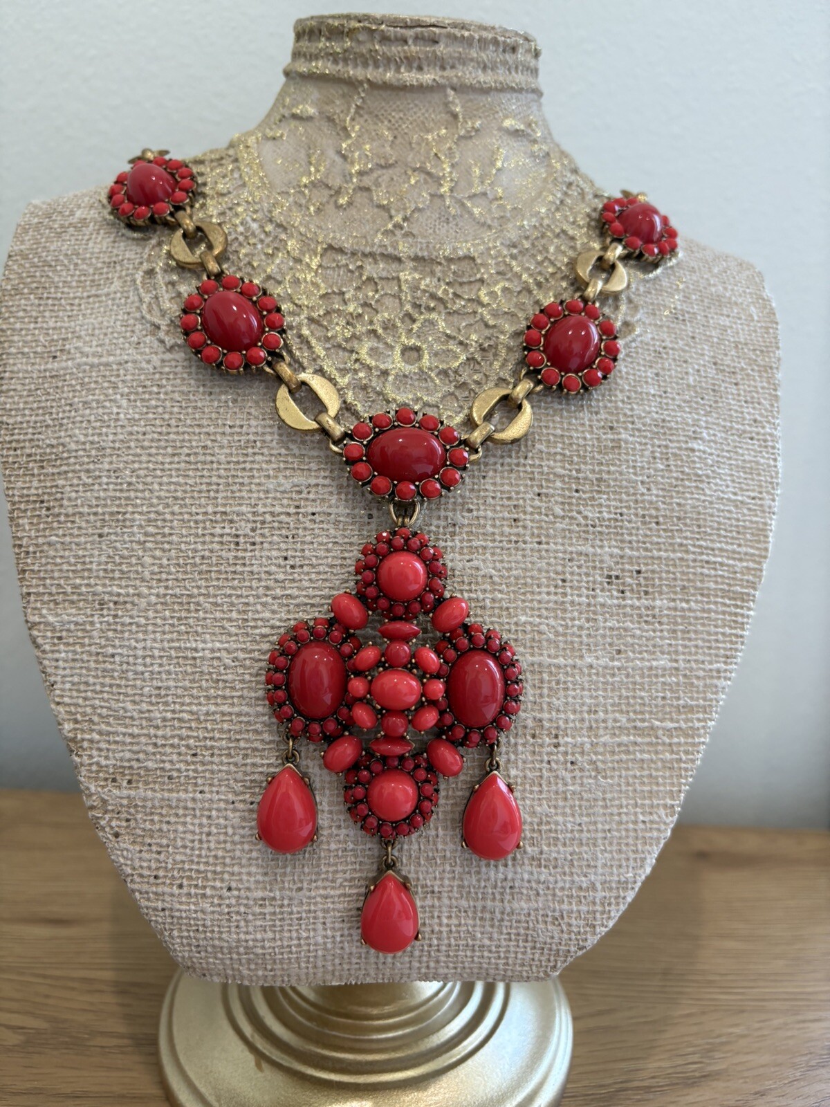 Stella Dot Necklace Sardinia Red Coral Removable Pendant 22-24” Gold Tone