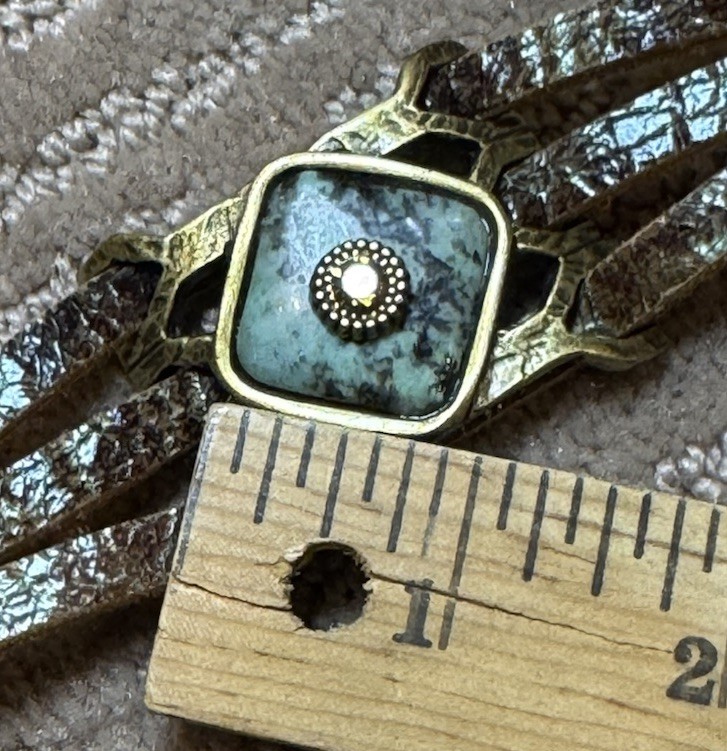 Bracelet LeatherRock Textured Band Turquoise Stone Rhinestone Brass Accents M&W.