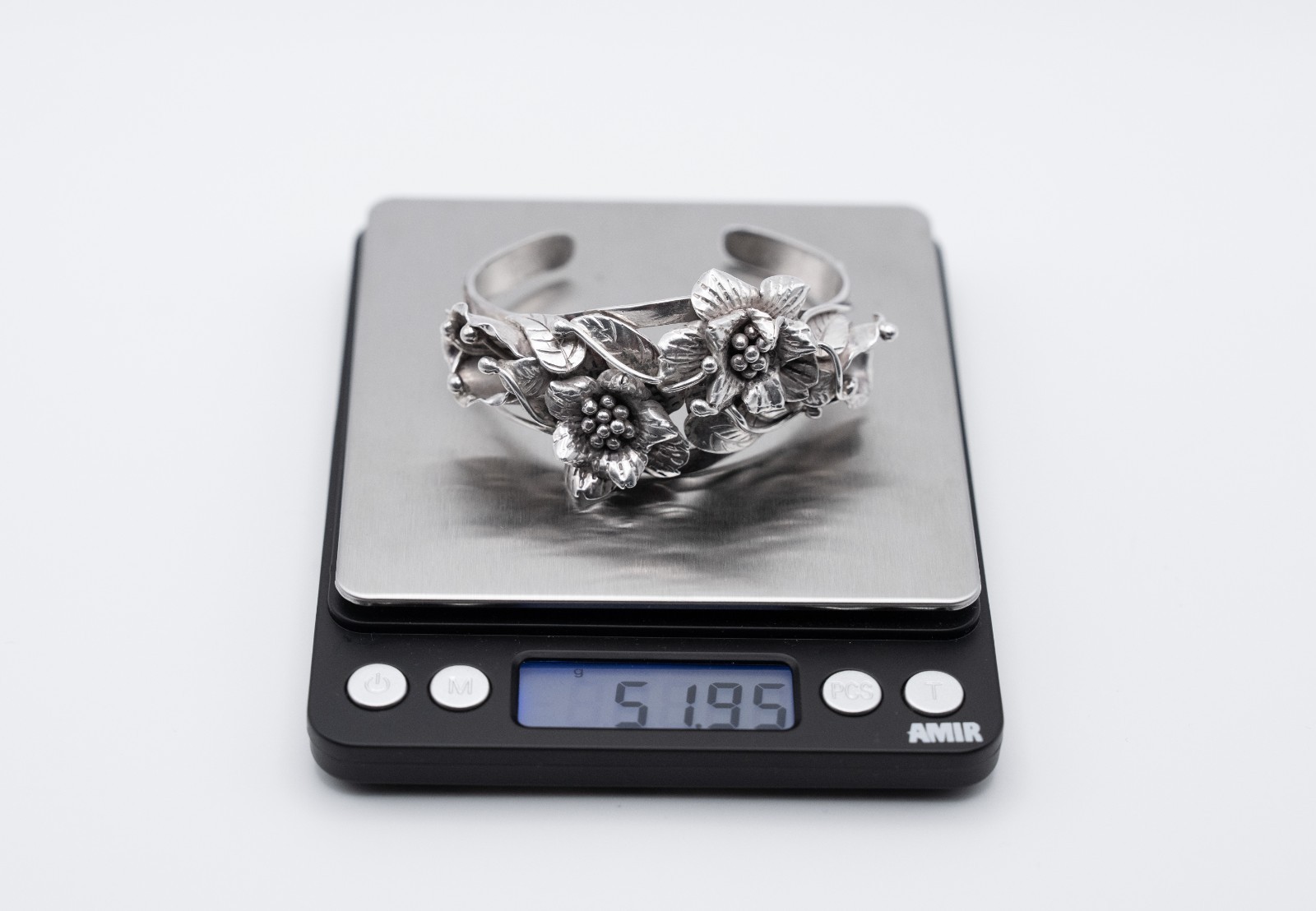 Sterling Silver 925 Floral Bangle Cuff Bracelet Flower Leaf 51.95g Hobé Maybe