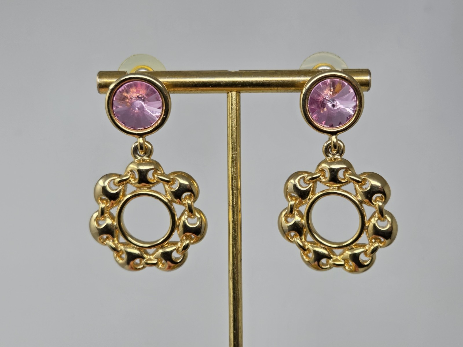 Gold Tone & Pink Acrylic Rhinestone Dangle Drop Hoop Earrings Vintage 1.7 Inches