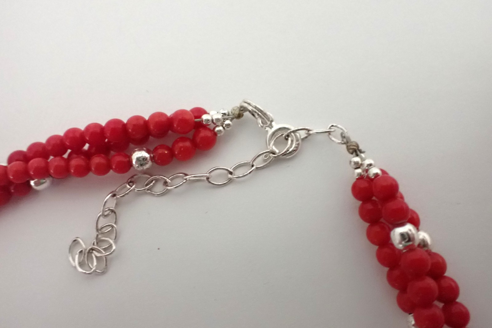 Vintage Sterling Silver & Red Coral Bead Necklace 3 Strands 19″ Long