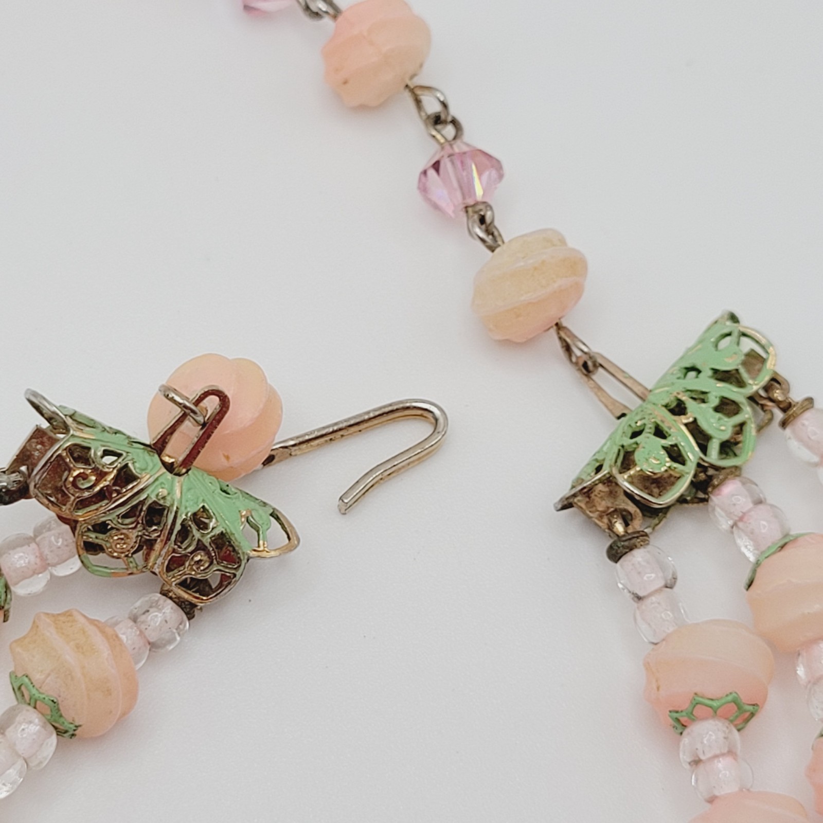 Triple Strand Glass Pink Rosette Green Bottom Rosebuds Bicone Crystal Necklace