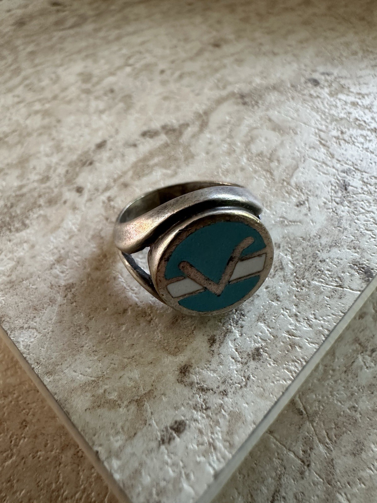 925 Silver Signet vintage Ring Size 5.5 Round Bezel Blue/White/Black Inlay