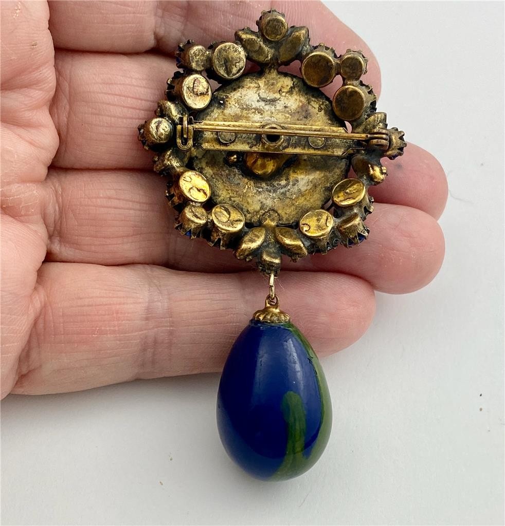 Vintage 60’s Blue / Green Rhinestones & Enamel Drop Dangle Brooch Pin