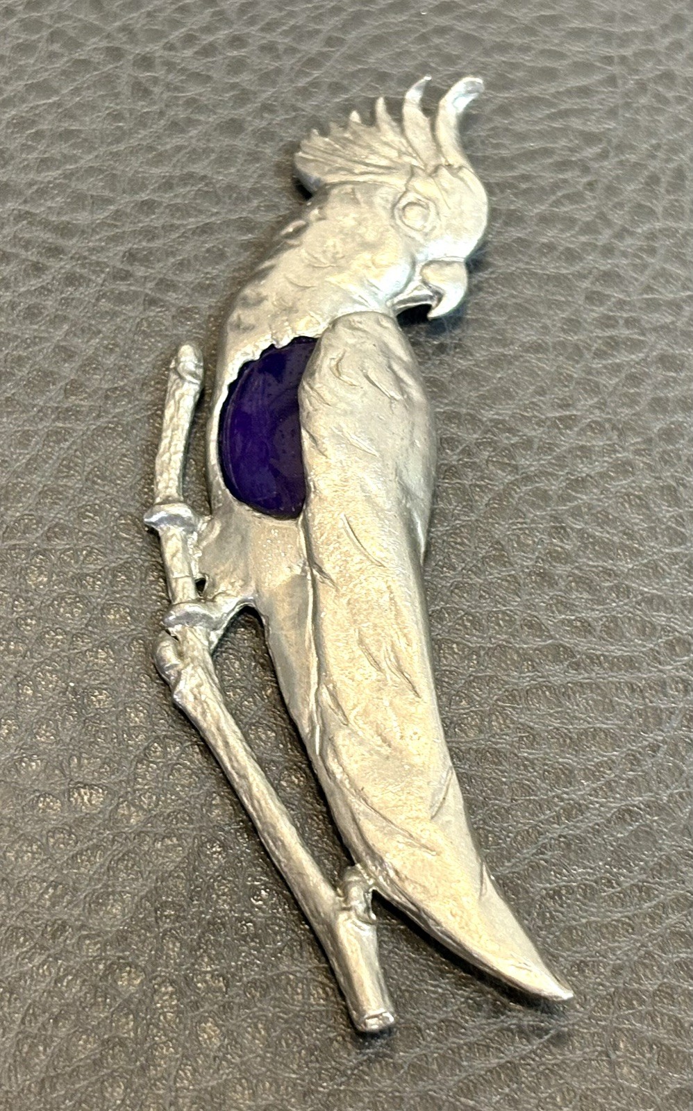 4” Vintage Luja Deco Pot Metal Blue Glass Cabochon Bird Parrot Cockatoo Brooch