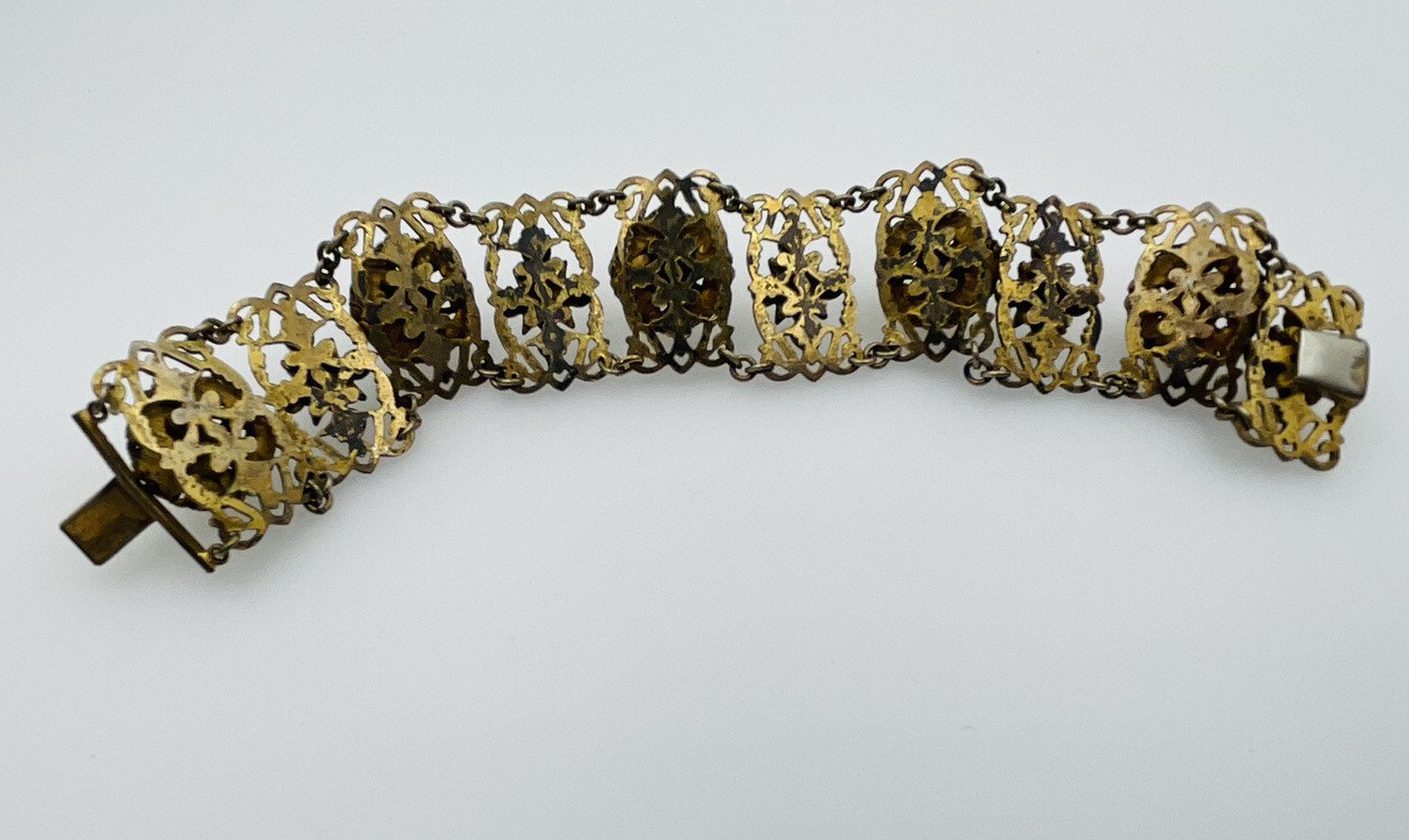 Antique Czech Purple Glass Brass Ornate Bracelet