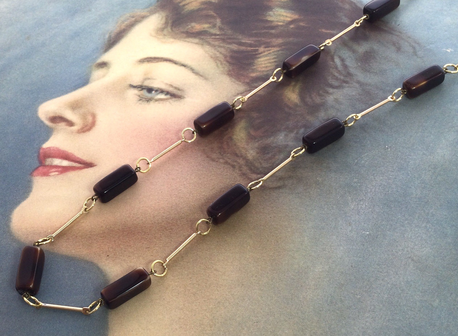 Vintage Jewellery Brown glass lozenge bead gold bar necklace Jewelry Art Deco BC