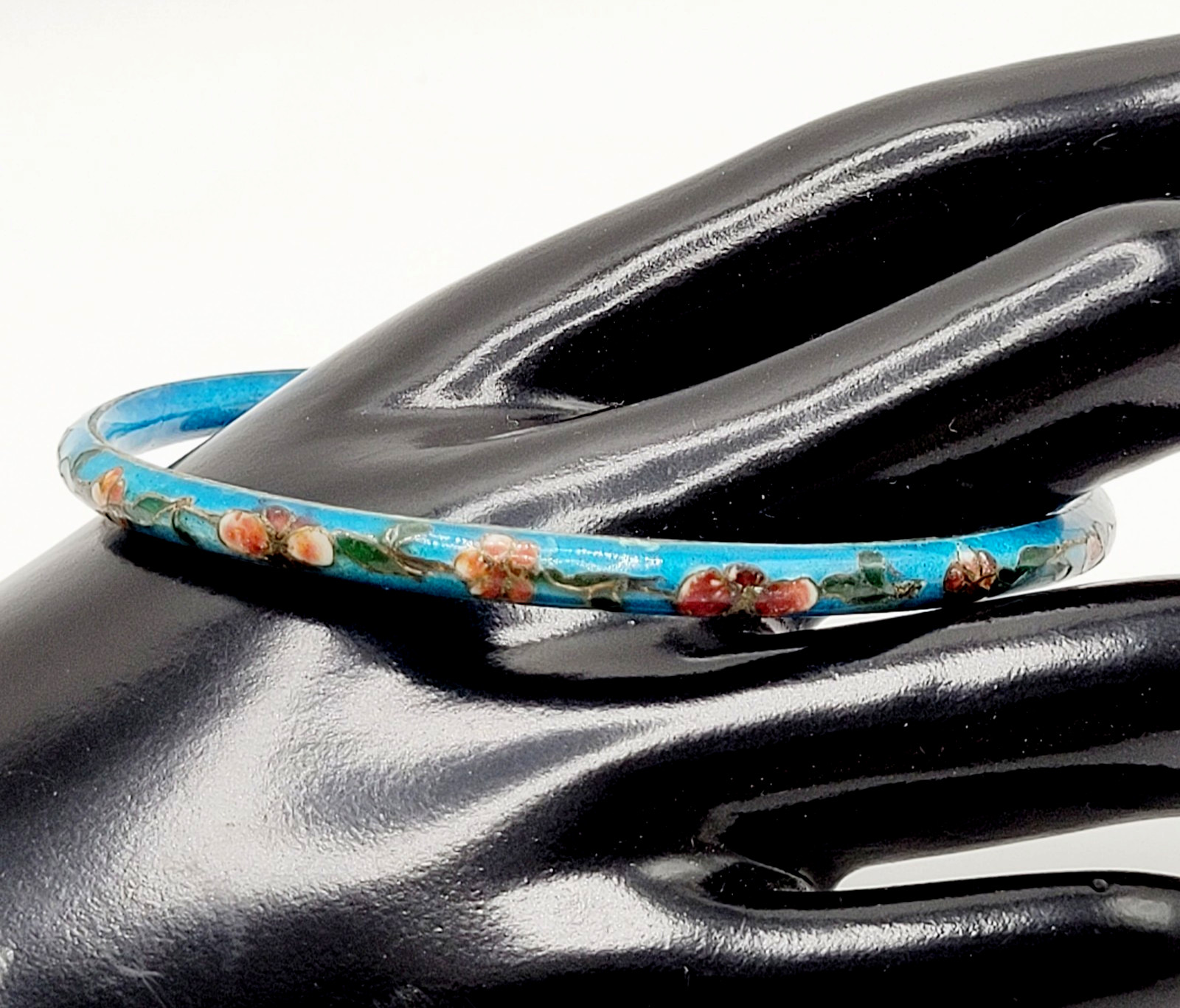 Cloisonné Light Blue Enamel Floral Hand Painted Asian Inspired Bangle Bracelet